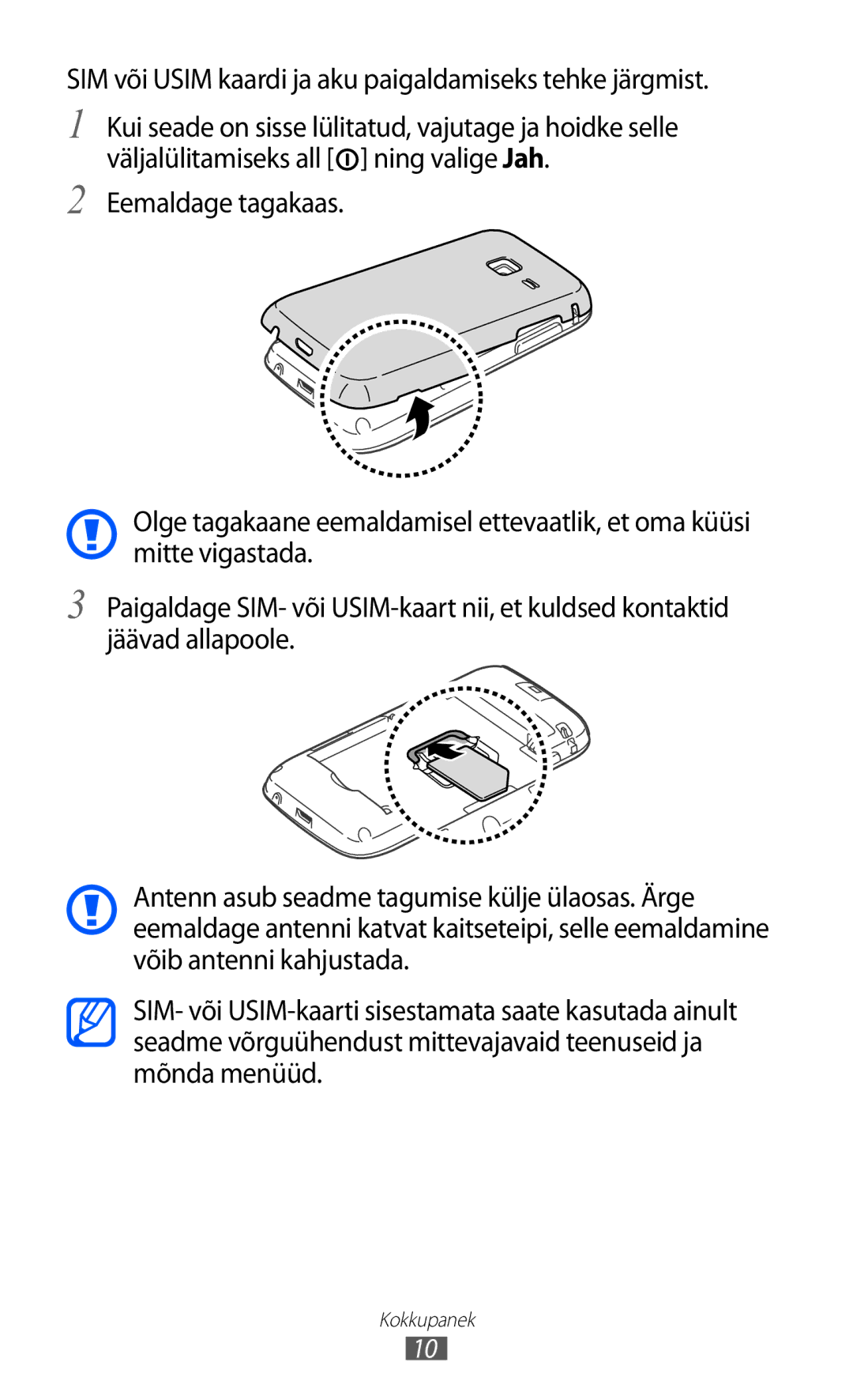 Samsung GT-S5380WRASEB, GT-S5380WRGSEB, GT-S5380SSASEB manual SIM või Usim kaardi ja aku paigaldamiseks tehke järgmist 