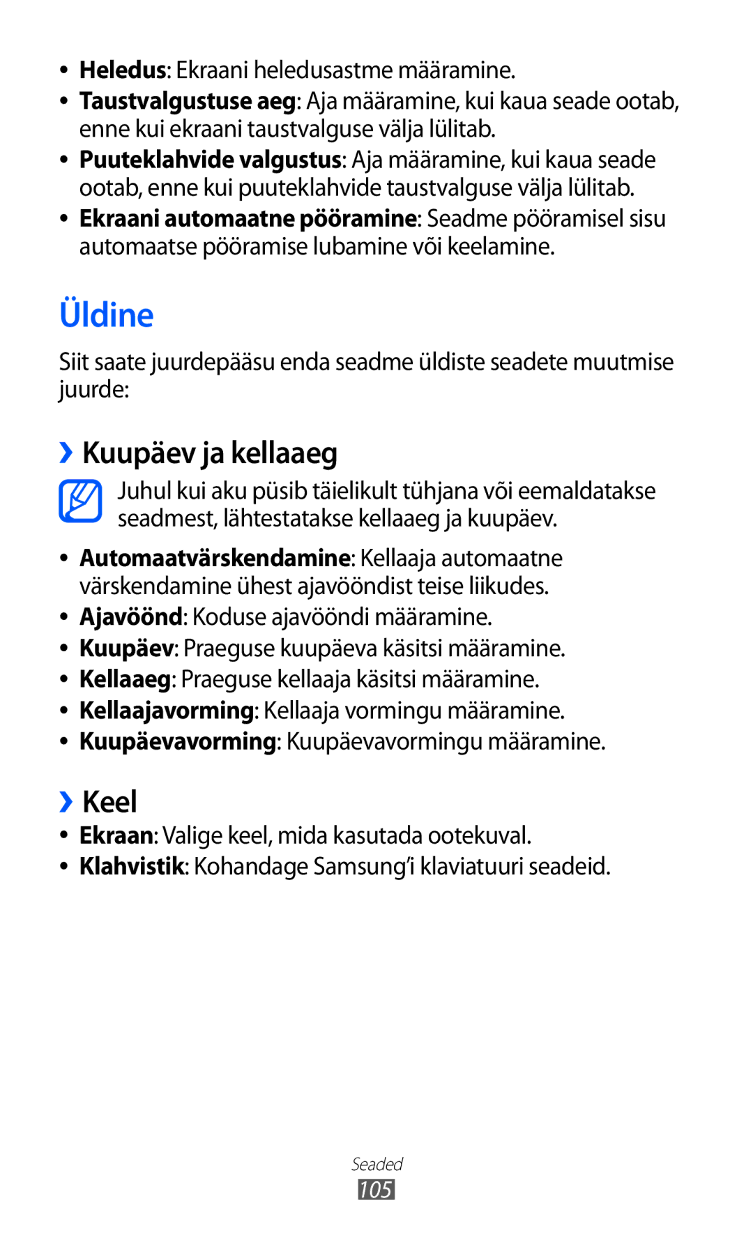 Samsung GT-S5380WRGSEB, GT-S5380WRASEB manual Üldine, ››Kuupäev ja kellaaeg, ››Keel, Heledus Ekraani heledusastme määramine 