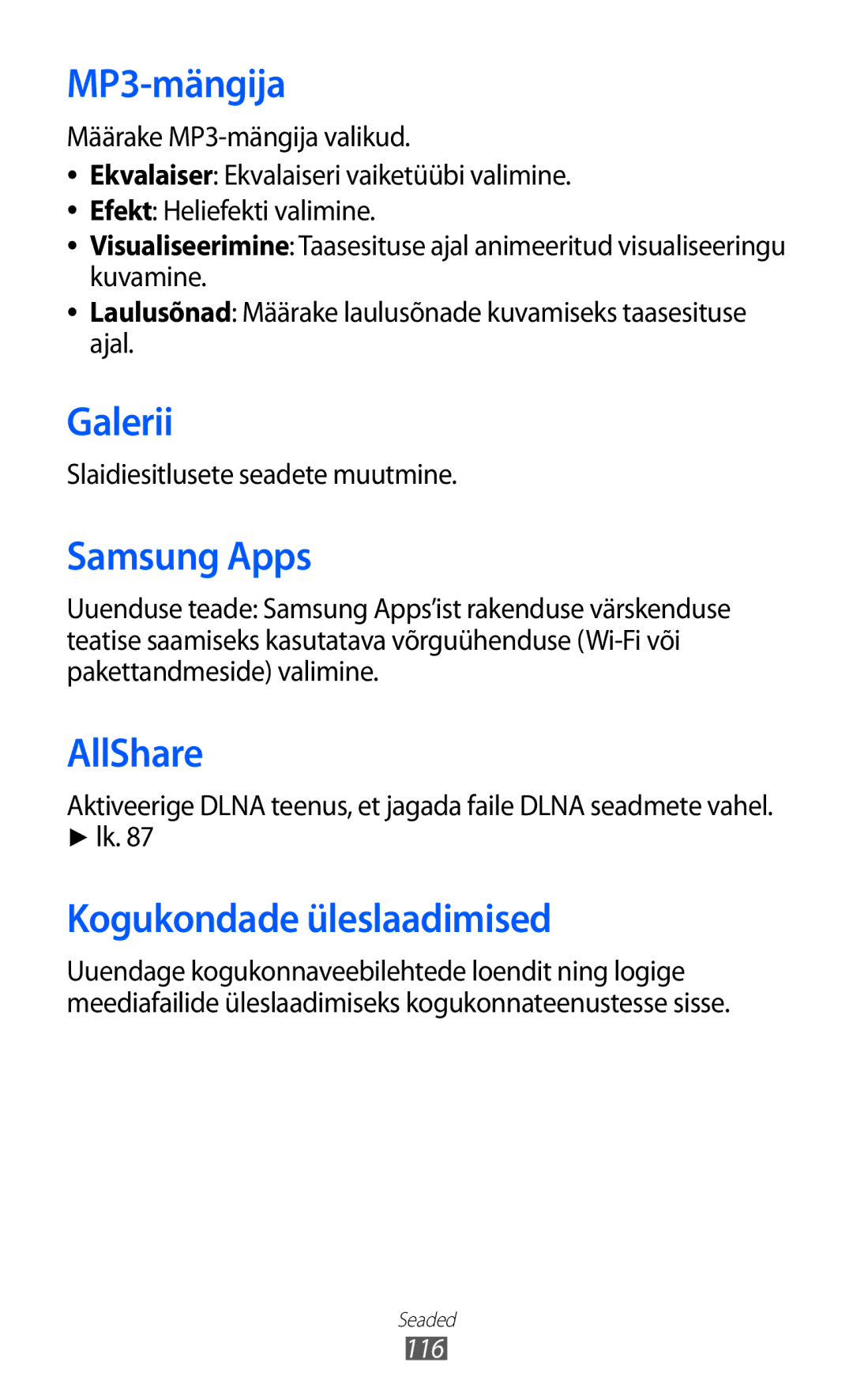 Samsung GT-S5380SSASEB, GT-S5380WRGSEB manual MP3-mängija, Kogukondade üleslaadimised, Slaidiesitlusete seadete muutmine 