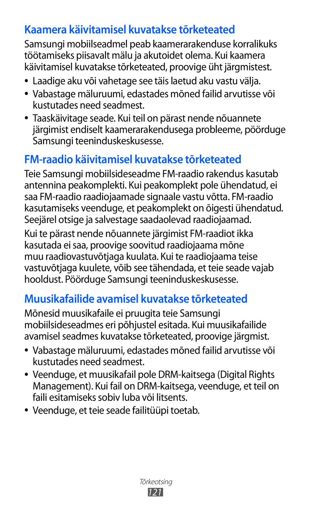 Samsung GT-S5380WRASEB manual Kaamera käivitamisel kuvatakse tõrketeated, Veenduge, et teie seade failitüüpi toetab 