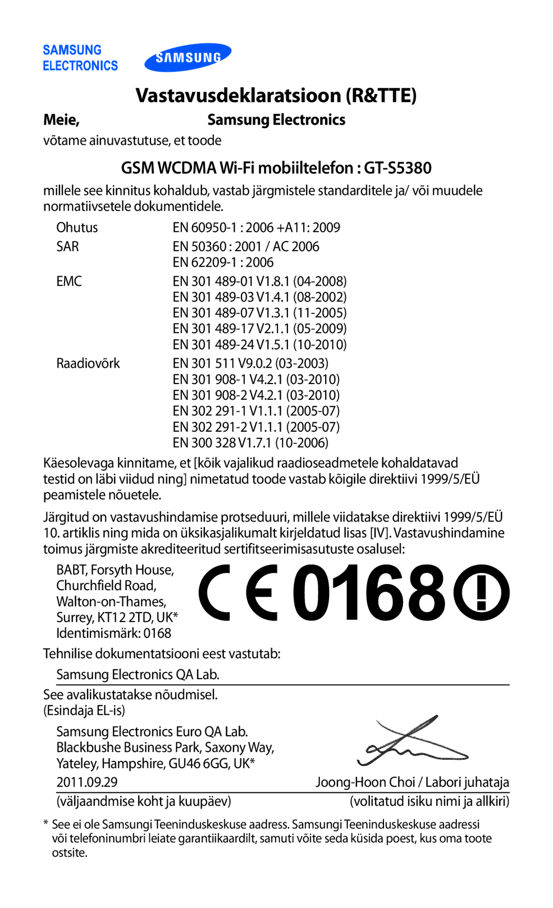 Samsung GT-S5380WRGSEB, GT-S5380WRASEB, GT-S5380SSASEB manual Vastavusdeklaratsioon R&TTE 