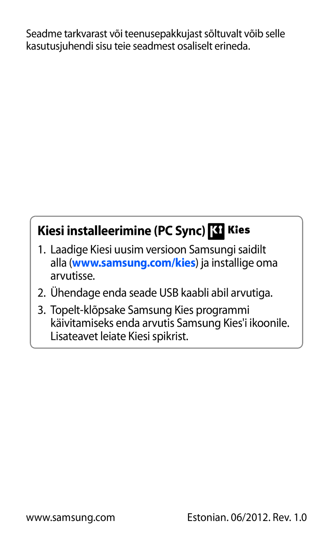 Samsung GT-S5380WRASEB, GT-S5380WRGSEB, GT-S5380SSASEB manual Kiesi installeerimine PC Sync 