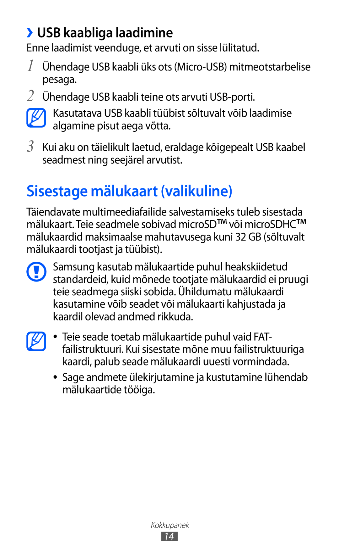 Samsung GT-S5380SSASEB, GT-S5380WRGSEB, GT-S5380WRASEB manual Sisestage mälukaart valikuline, ››USB kaabliga laadimine 