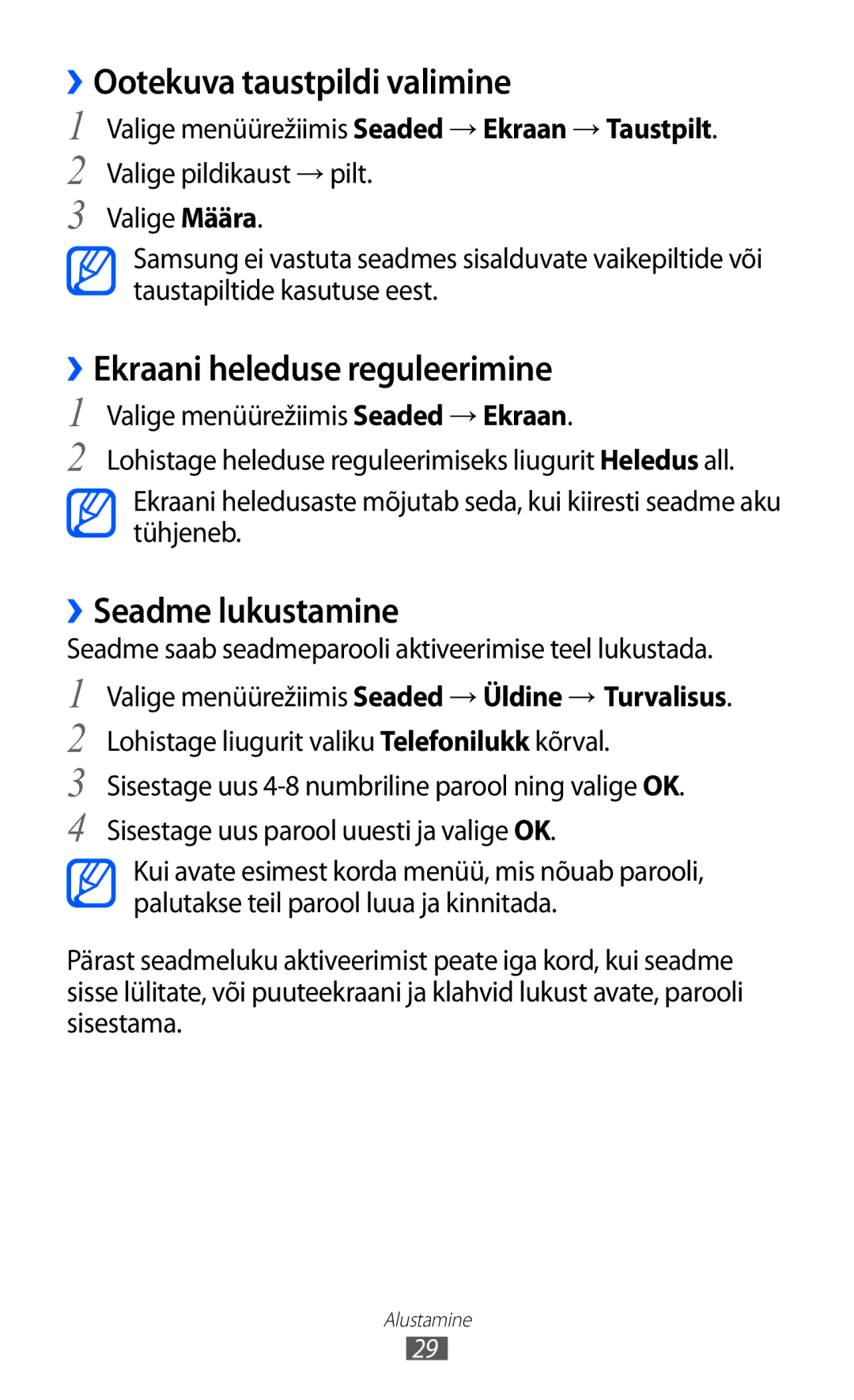 Samsung GT-S5380SSASEB manual ››Ootekuva taustpildi valimine, ››Ekraani heleduse reguleerimine, ››Seadme lukustamine 