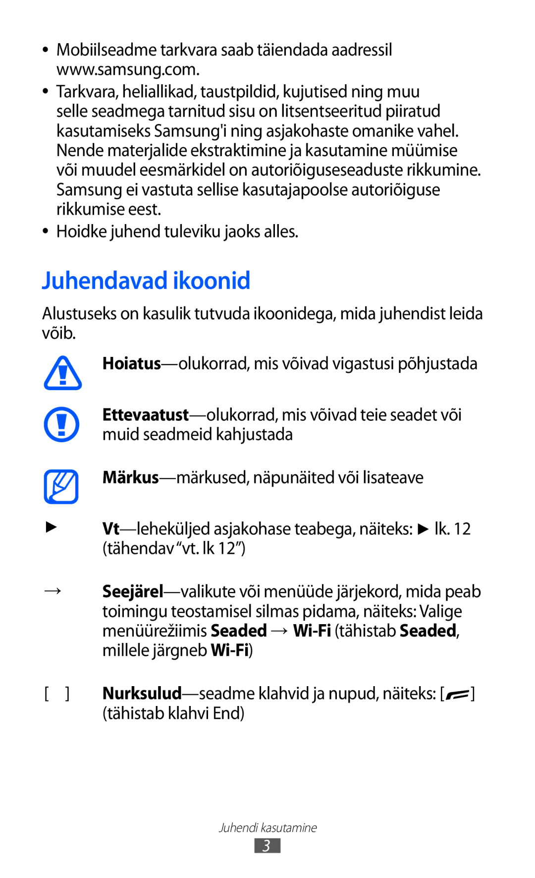 Samsung GT-S5380WRGSEB, GT-S5380WRASEB, GT-S5380SSASEB manual Juhendavad ikoonid, Tähistab klahvi End 