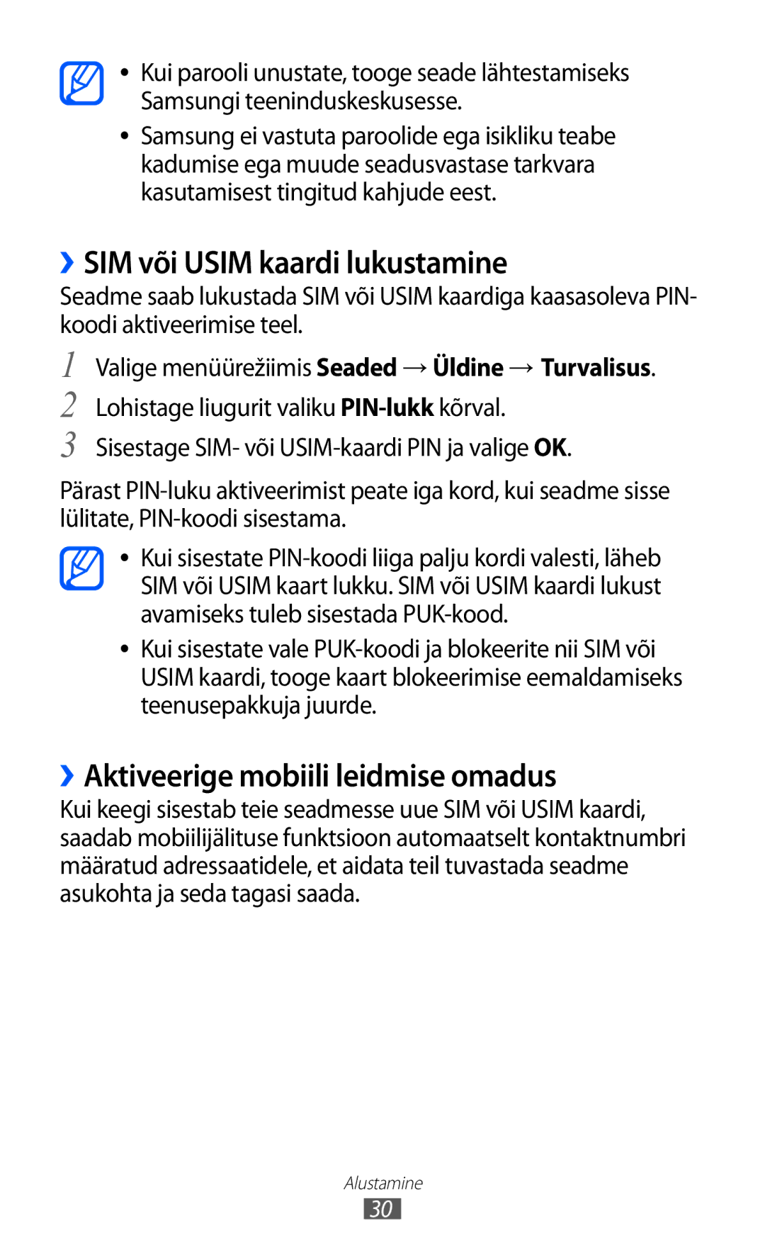 Samsung GT-S5380WRGSEB, GT-S5380WRASEB manual ››SIM või Usim kaardi lukustamine, ››Aktiveerige mobiili leidmise omadus 