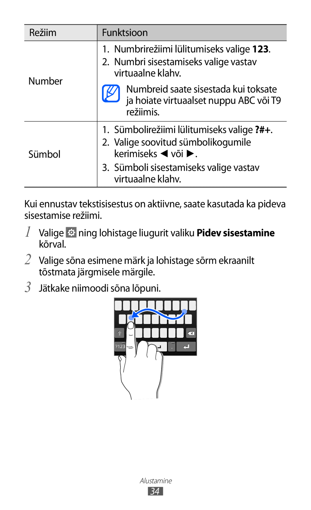 Samsung GT-S5380WRASEB manual Režiim Funktsioon, Numbri sisestamiseks valige vastav, Number Virtuaalne klahv, Režiimis 