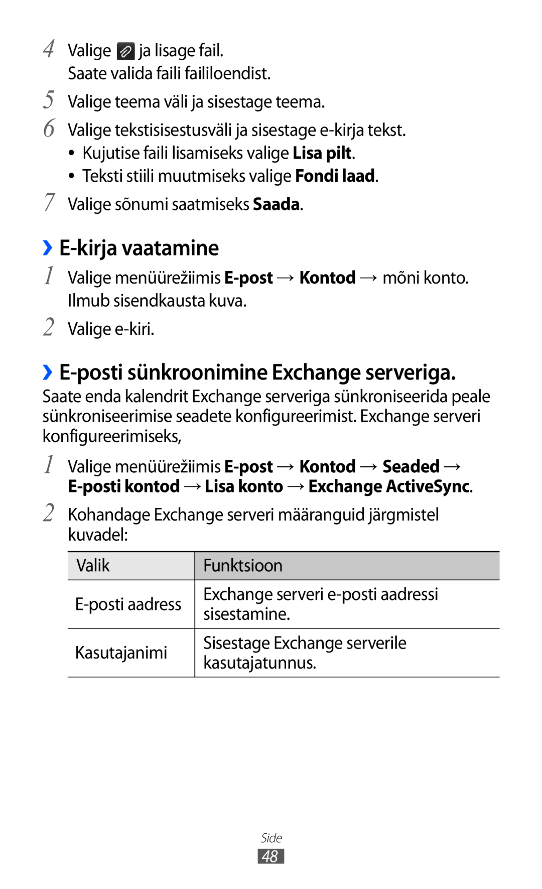 Samsung GT-S5380WRGSEB manual ››E-kirja vaatamine, Valige teema väli ja sisestage teema, Exchange serveri e-posti aadressi 