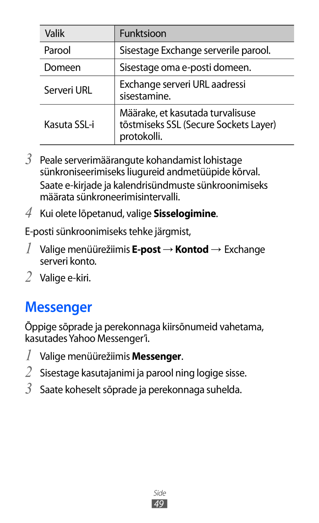 Samsung GT-S5380WRASEB, GT-S5380WRGSEB, GT-S5380SSASEB manual Messenger, Valik Funktsioon Parool, Protokolli 