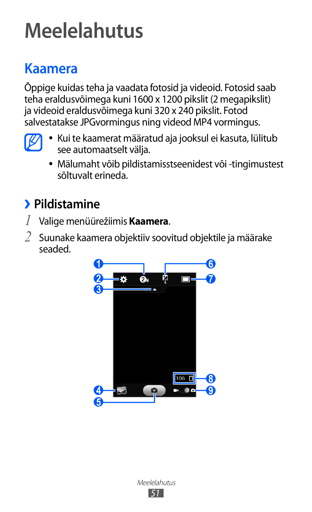 Samsung GT-S5380WRGSEB, GT-S5380WRASEB, GT-S5380SSASEB manual Meelelahutus, Kaamera, ››Pildistamine 