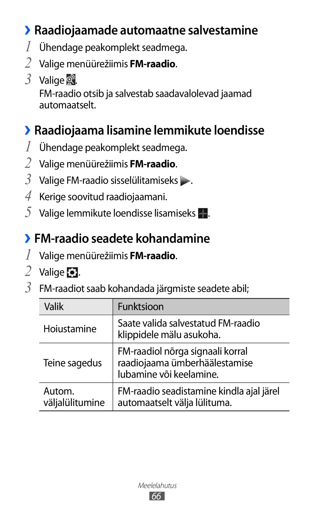 Samsung GT-S5380WRGSEB, GT-S5380WRASEB manual ››Raadiojaamade automaatne salvestamine, ››FM-raadio seadete kohandamine 