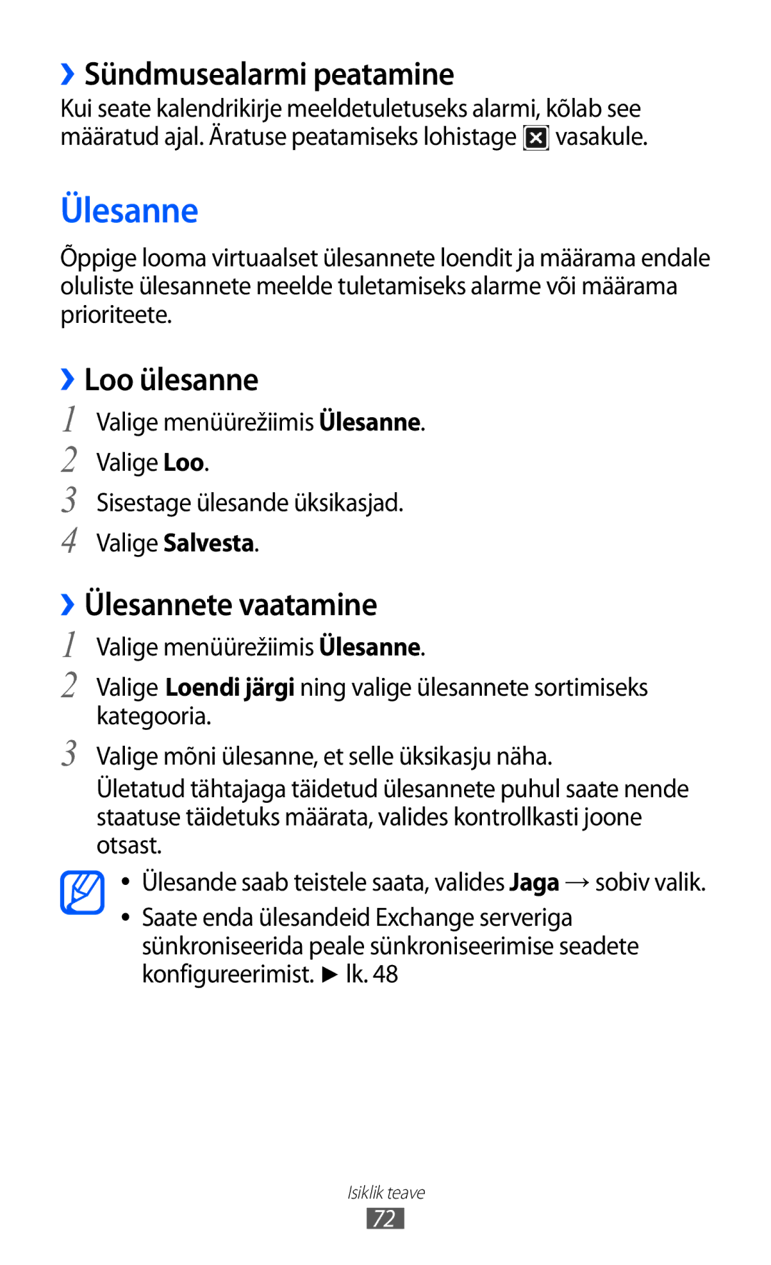 Samsung GT-S5380WRGSEB, GT-S5380WRASEB manual ››Sündmusealarmi peatamine, ››Loo ülesanne, ››Ülesannete vaatamine 