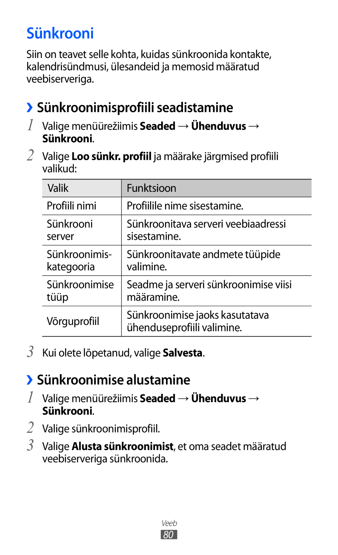 Samsung GT-S5380SSASEB, GT-S5380WRGSEB, GT-S5380WRASEB ››Sünkroonimisprofiili seadistamine, ››Sünkroonimise alustamine 