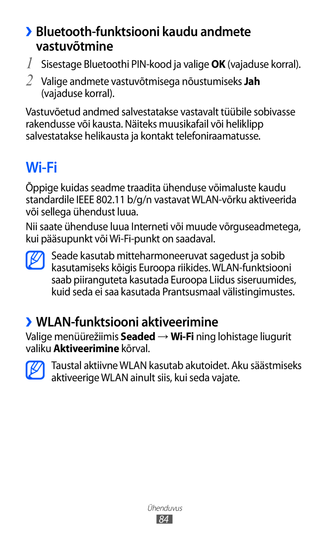 Samsung GT-S5380WRGSEB manual Wi-Fi, ››Bluetooth-funktsiooni kaudu andmete vastuvõtmine, ››WLAN-funktsiooni aktiveerimine 