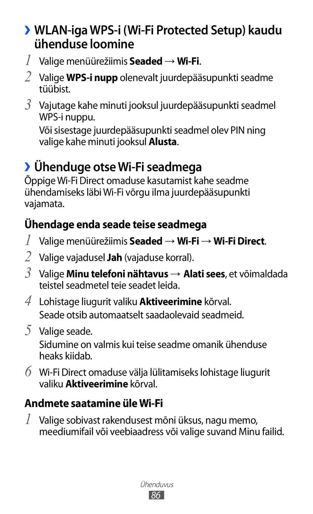 Samsung GT-S5380SSASEB ››Ühenduge otse Wi-Fi seadmega, Ühendage enda seade teise seadmega, Andmete saatamine üle Wi-Fi 