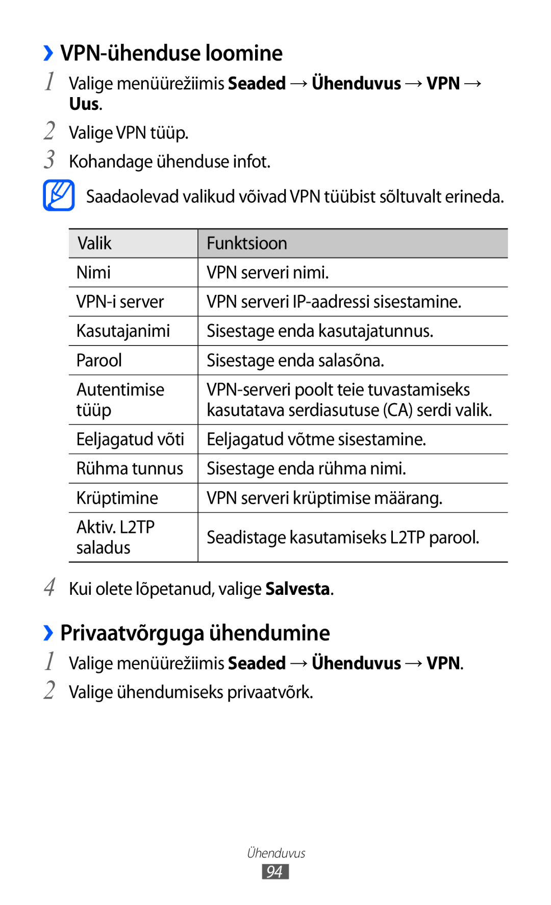 Samsung GT-S5380WRASEB, GT-S5380WRGSEB, GT-S5380SSASEB manual ››VPN-ühenduse loomine, ››Privaatvõrguga ühendumine, Uus 