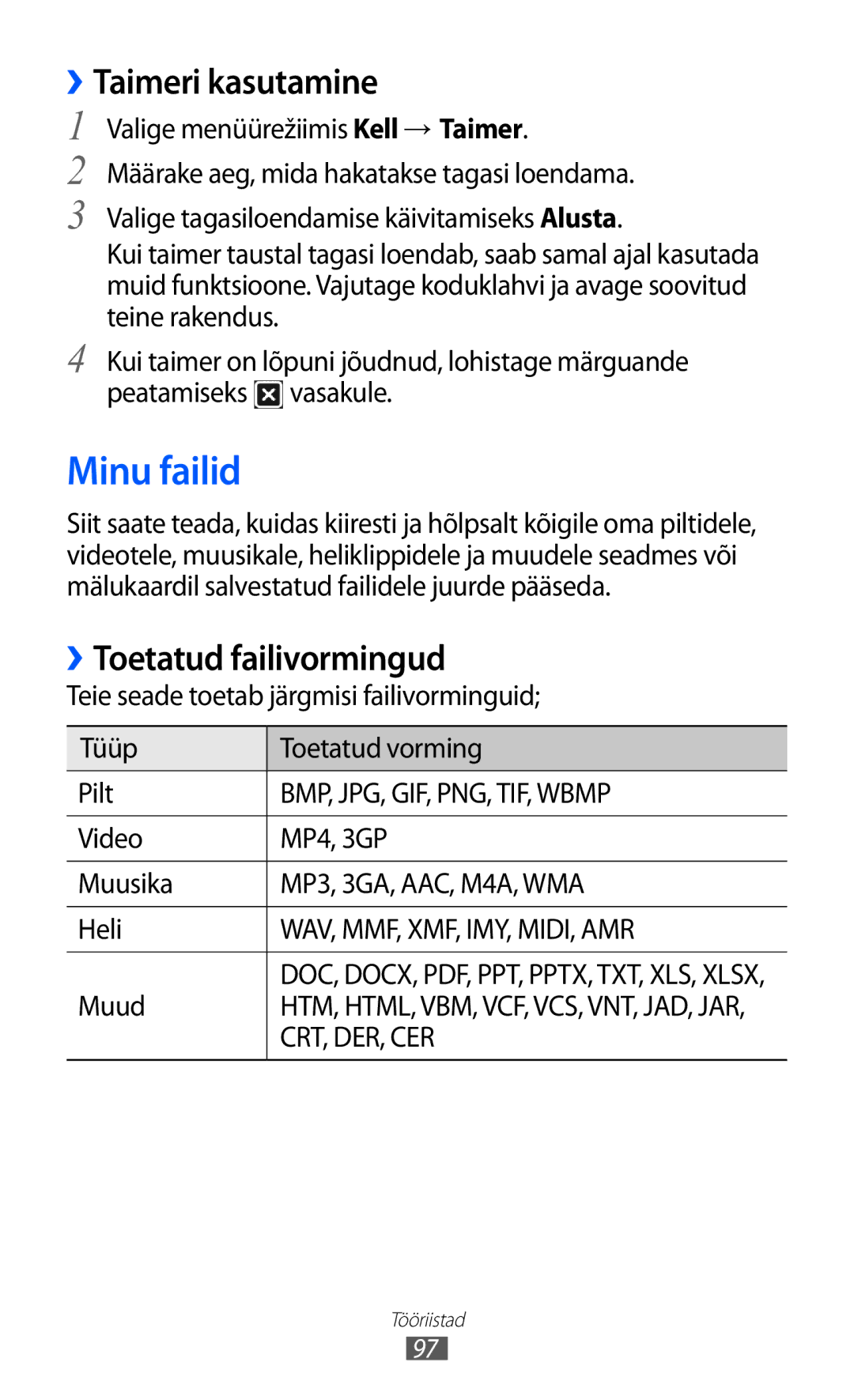 Samsung GT-S5380WRASEB, GT-S5380WRGSEB, GT-S5380SSASEB manual Minu failid, ››Taimeri kasutamine, ››Toetatud failivormingud 