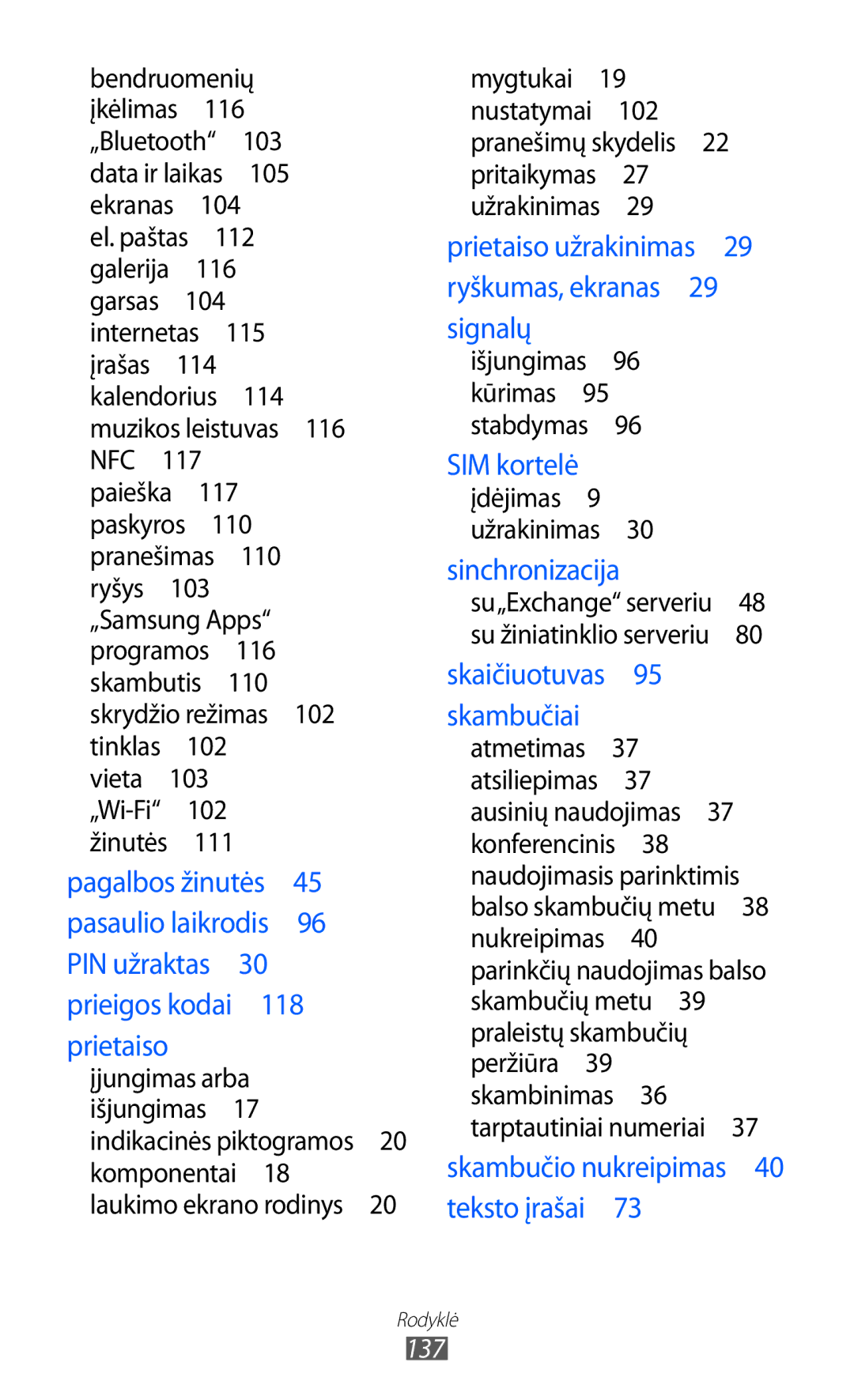 Samsung GT-S5380SSASEB, GT-S5380WRGSEB, GT-S5380WRASEB manual Prietaiso užrakinimas 29 ryškumas, ekranas 29 signalų 