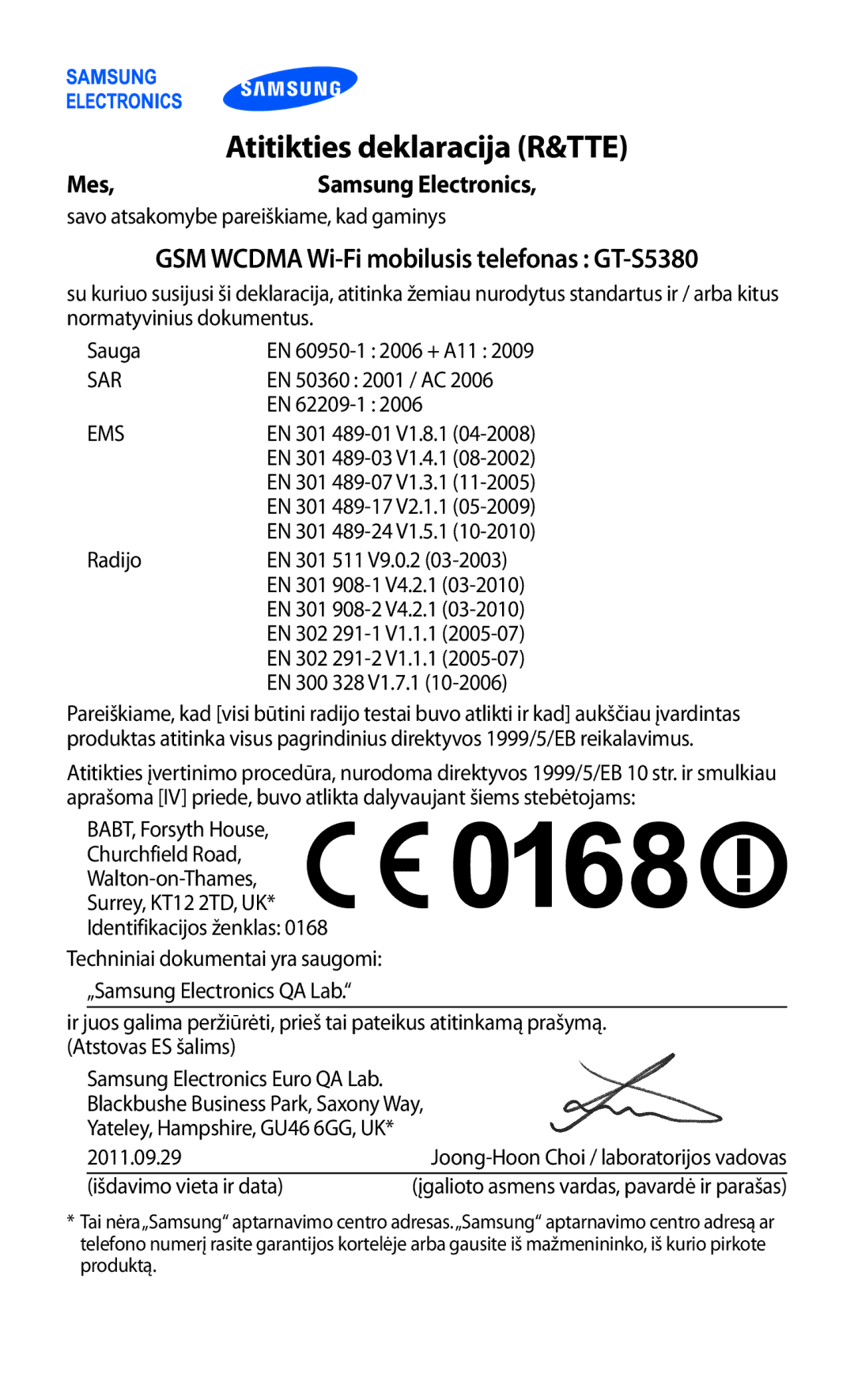 Samsung GT-S5380WRASEB, GT-S5380WRGSEB manual Atitikties deklaracija R&TTE, GSM Wcdma Wi-Fi mobilusis telefonas GT-S5380 