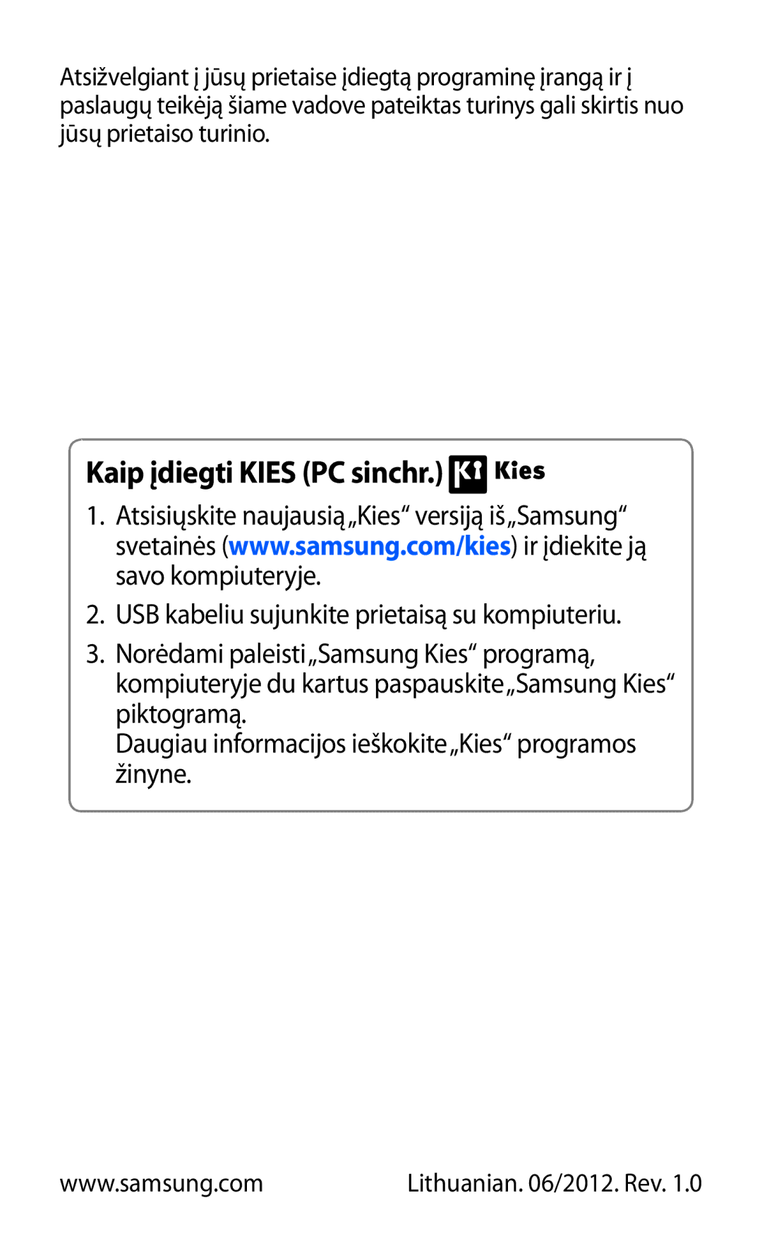 Samsung GT-S5380SSASEB, GT-S5380WRGSEB, GT-S5380WRASEB manual Kaip įdiegti Kies PC sinchr 