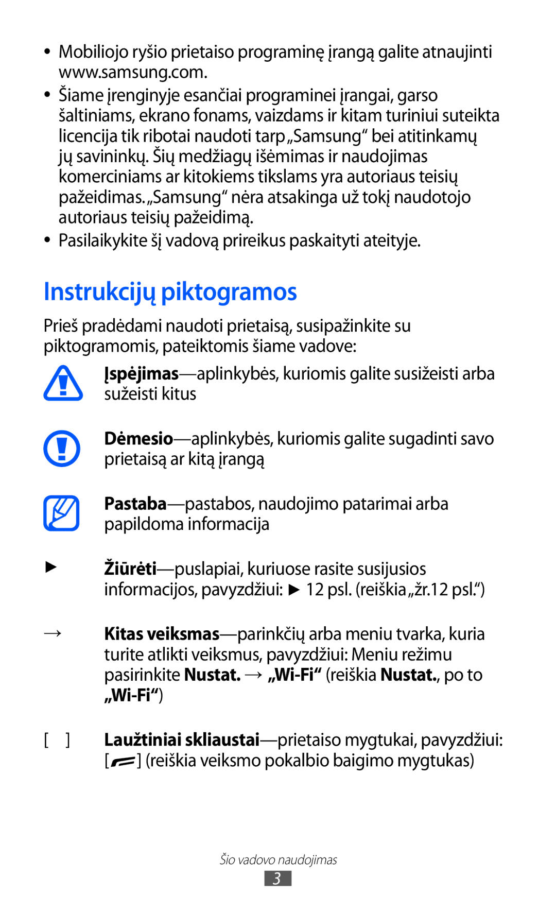 Samsung GT-S5380WRGSEB manual Instrukcijų piktogramos, Pasilaikykite šį vadovą prireikus paskaityti ateityje, „Wi-Fi 