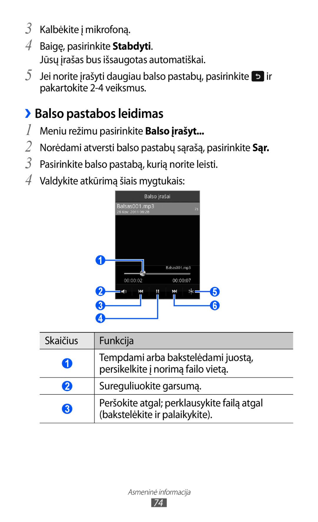 Samsung GT-S5380SSASEB, GT-S5380WRGSEB, GT-S5380WRASEB ››Balso pastabos leidimas, Meniu režimu pasirinkite Balso įrašyt 