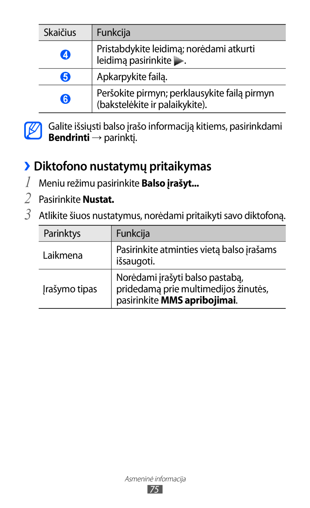 Samsung GT-S5380WRGSEB, GT-S5380WRASEB, GT-S5380SSASEB manual ››Diktofono nustatymų pritaikymas, Pasirinkite MMS apribojimai 