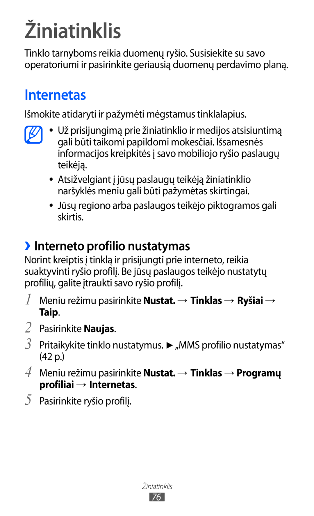 Samsung GT-S5380WRASEB, GT-S5380WRGSEB manual Žiniatinklis, ››Interneto profilio nustatymas, Profiliai → Internetas 