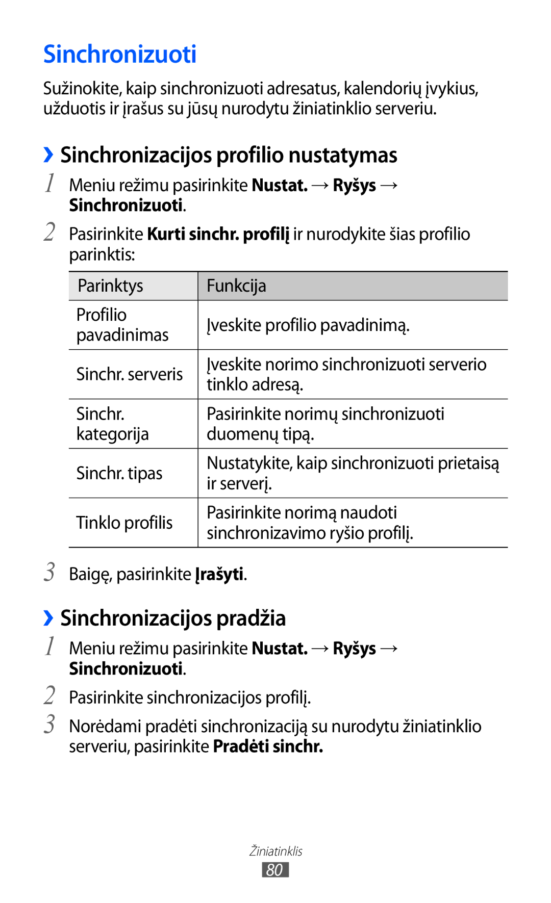 Samsung GT-S5380SSASEB, GT-S5380WRGSEB Sinchronizuoti, ››Sinchronizacijos profilio nustatymas, ››Sinchronizacijos pradžia 