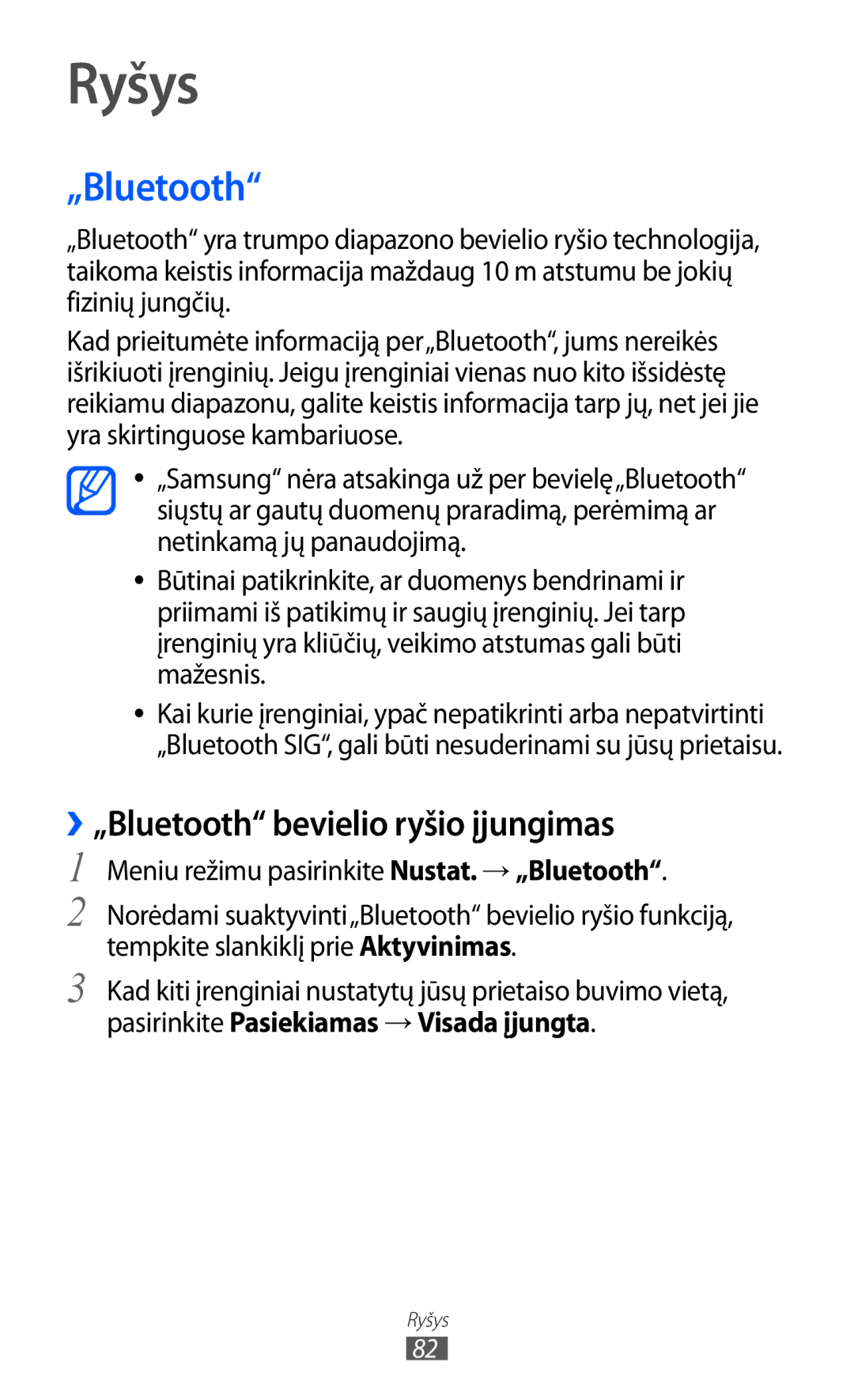 Samsung GT-S5380WRASEB, GT-S5380WRGSEB, GT-S5380SSASEB manual Ryšys, ››„Bluetooth bevielio ryšio įjungimas 
