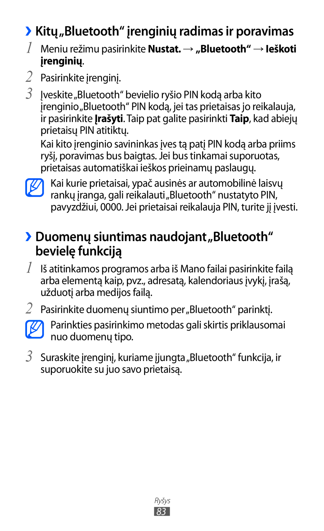 Samsung GT-S5380SSASEB, GT-S5380WRGSEB, GT-S5380WRASEB manual ››Duomenų siuntimas naudojant„Bluetooth bevielę funkciją 