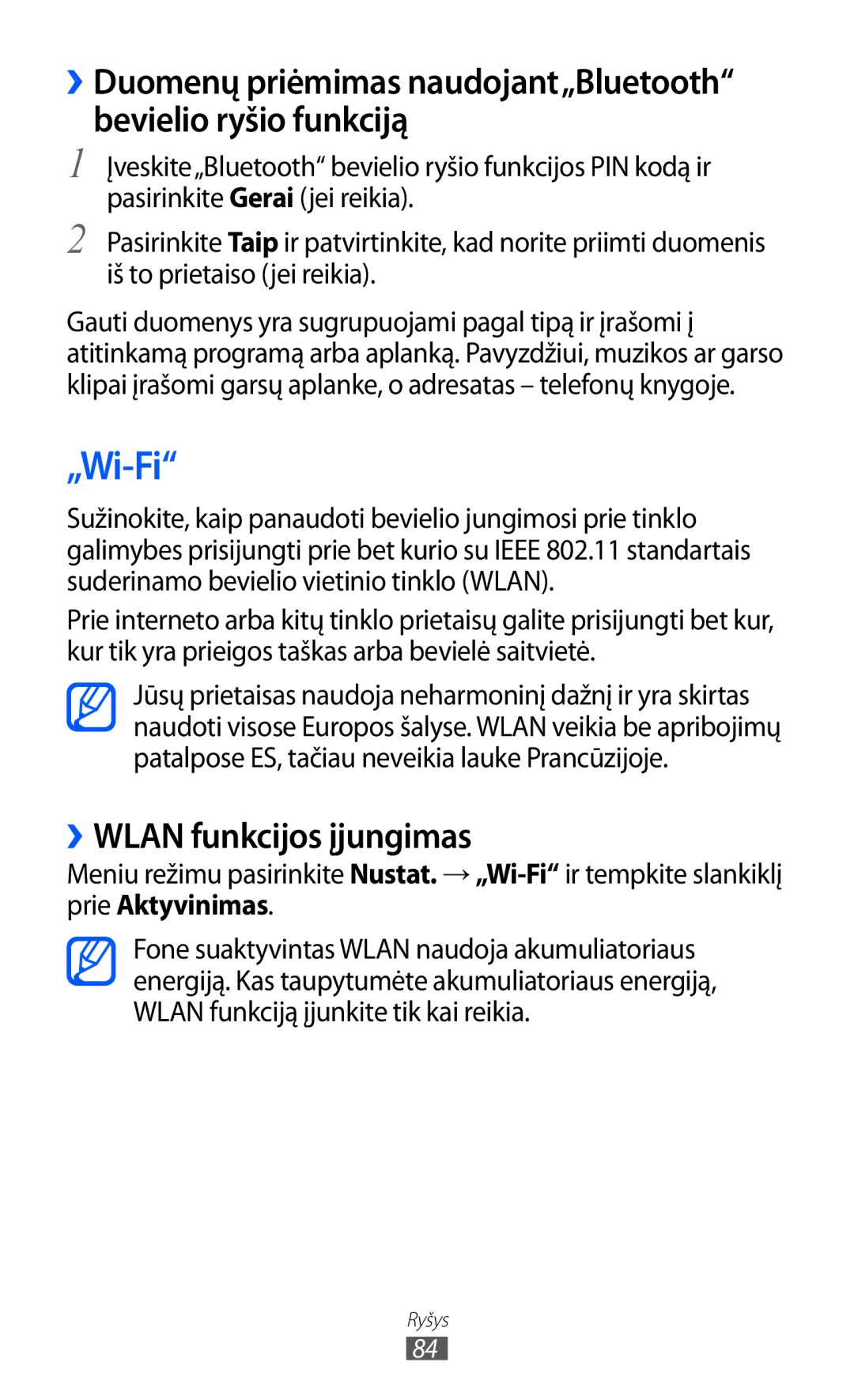 Samsung GT-S5380WRGSEB, GT-S5380WRASEB, GT-S5380SSASEB manual „Wi-Fi, ››WLAN funkcijos įjungimas, Prie Aktyvinimas 