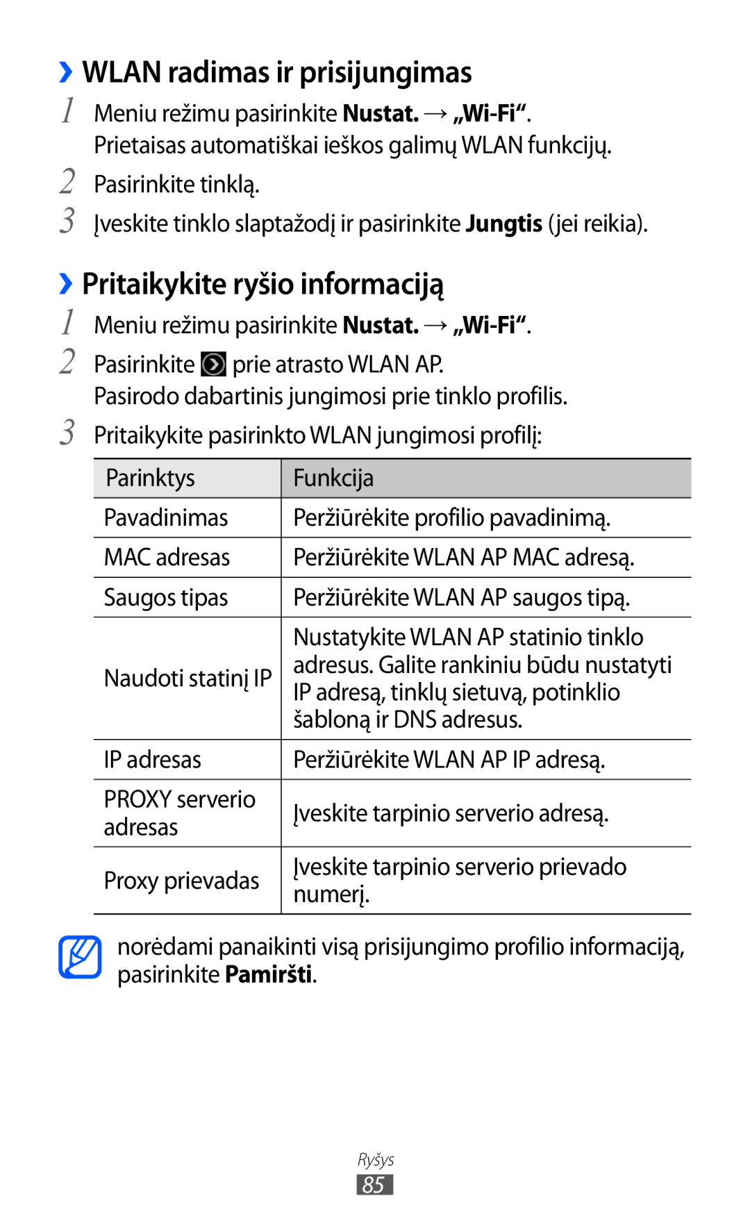 Samsung GT-S5380WRASEB, GT-S5380WRGSEB, GT-S5380SSASEB ››WLAN radimas ir prisijungimas, ››Pritaikykite ryšio informaciją 