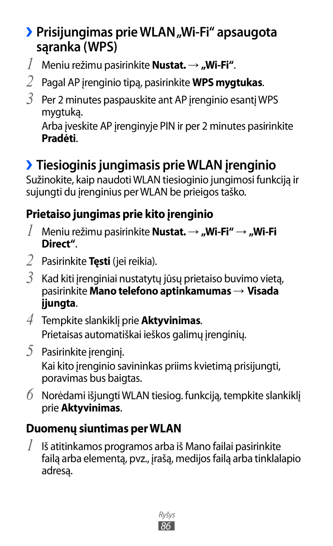 Samsung GT-S5380SSASEB, GT-S5380WRGSEB, GT-S5380WRASEB manual ››Prisijungimas prie WLAN„Wi-Fi apsaugota sąranka WPS, Direct 