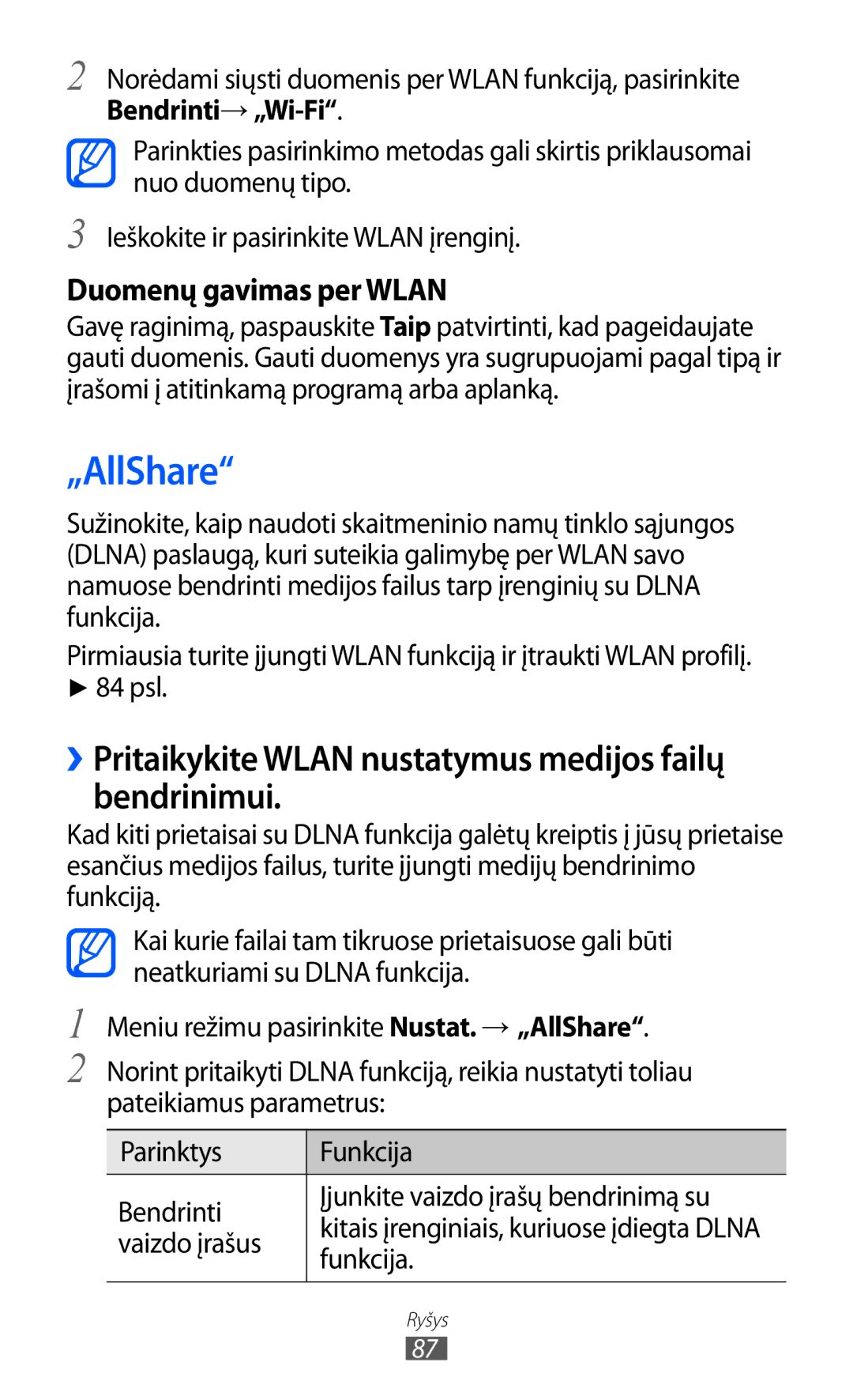 Samsung GT-S5380WRGSEB manual „AllShare, ››Pritaikykite Wlan nustatymus medijos failų bendrinimui, Bendrinti→ „Wi-Fi 