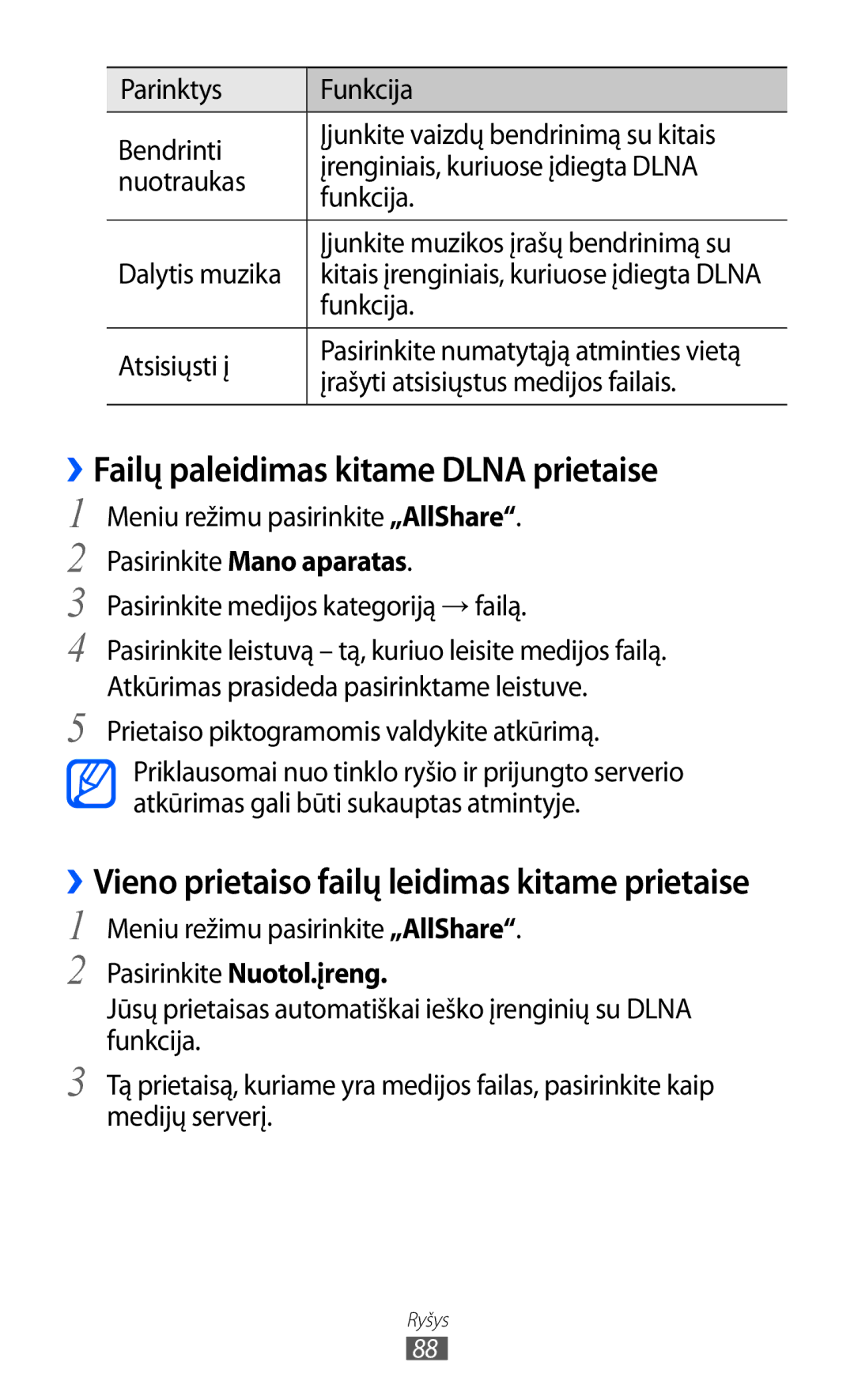 Samsung GT-S5380WRASEB manual ››Failų paleidimas kitame Dlna prietaise, Atsisiųsti į, Įrašyti atsisiųstus medijos failais 