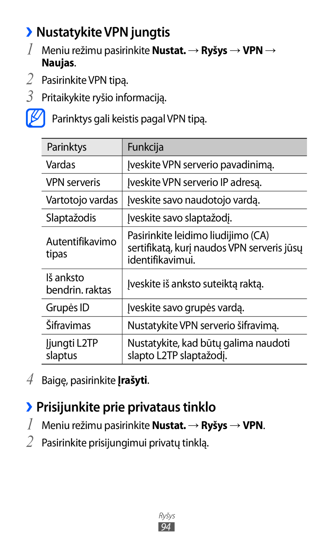 Samsung GT-S5380WRASEB, GT-S5380WRGSEB manual ››Nustatykite VPN jungtis, ››Prisijunkite prie privataus tinklo, Naujas 