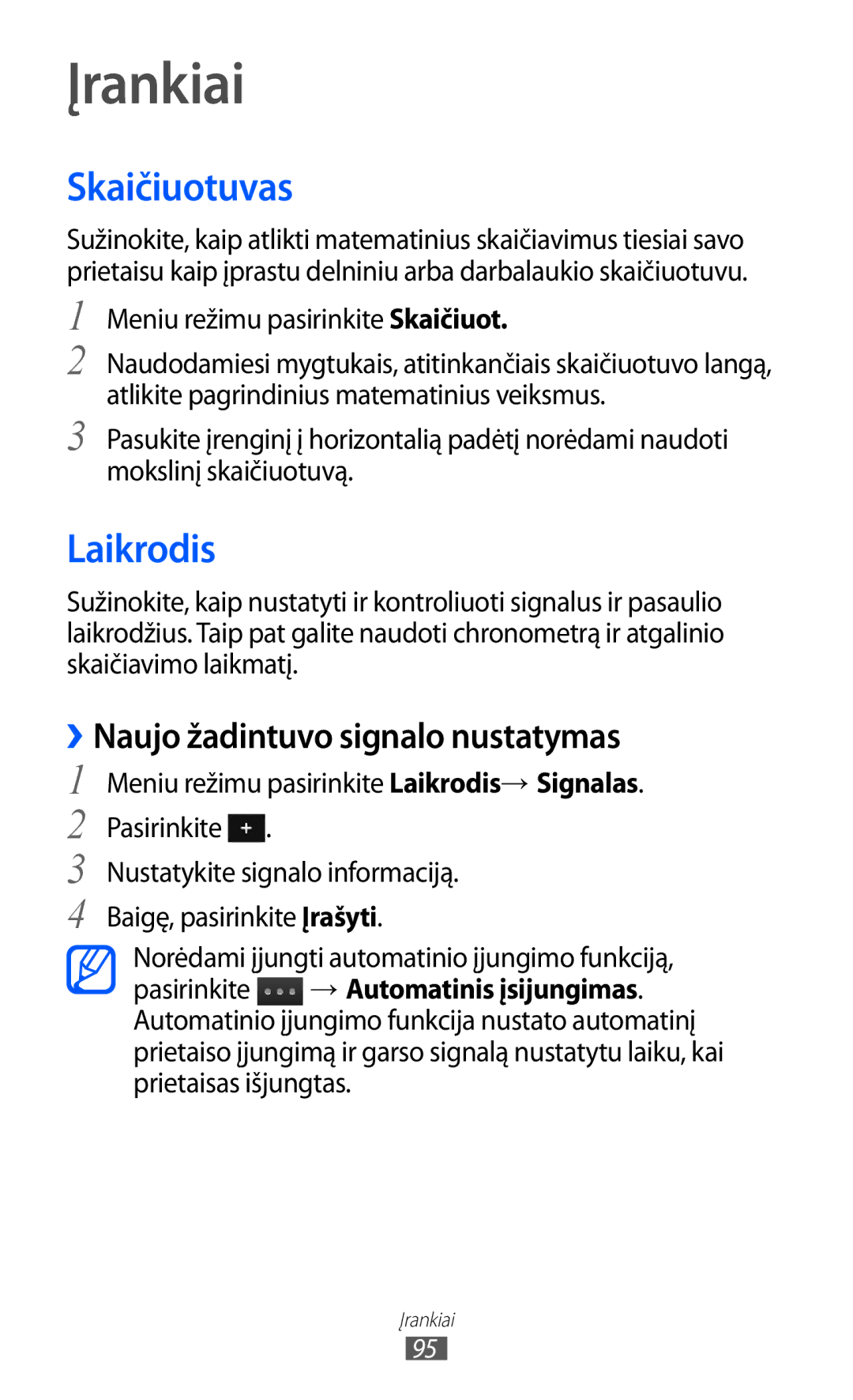 Samsung GT-S5380SSASEB, GT-S5380WRGSEB manual Įrankiai, Skaičiuotuvas, Laikrodis, ››Naujo žadintuvo signalo nustatymas 