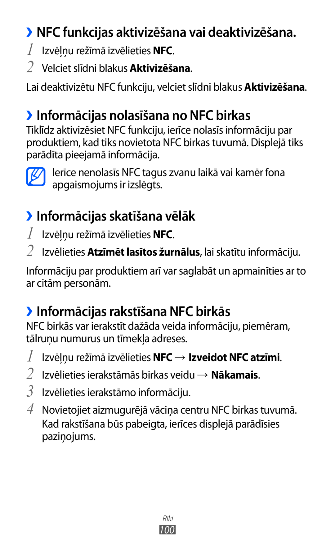 Samsung GT-S5380WRASEB, GT-S5380WRGSEB manual ››Informācijas nolasīšana no NFC birkas, ››Informācijas skatīšana vēlāk 