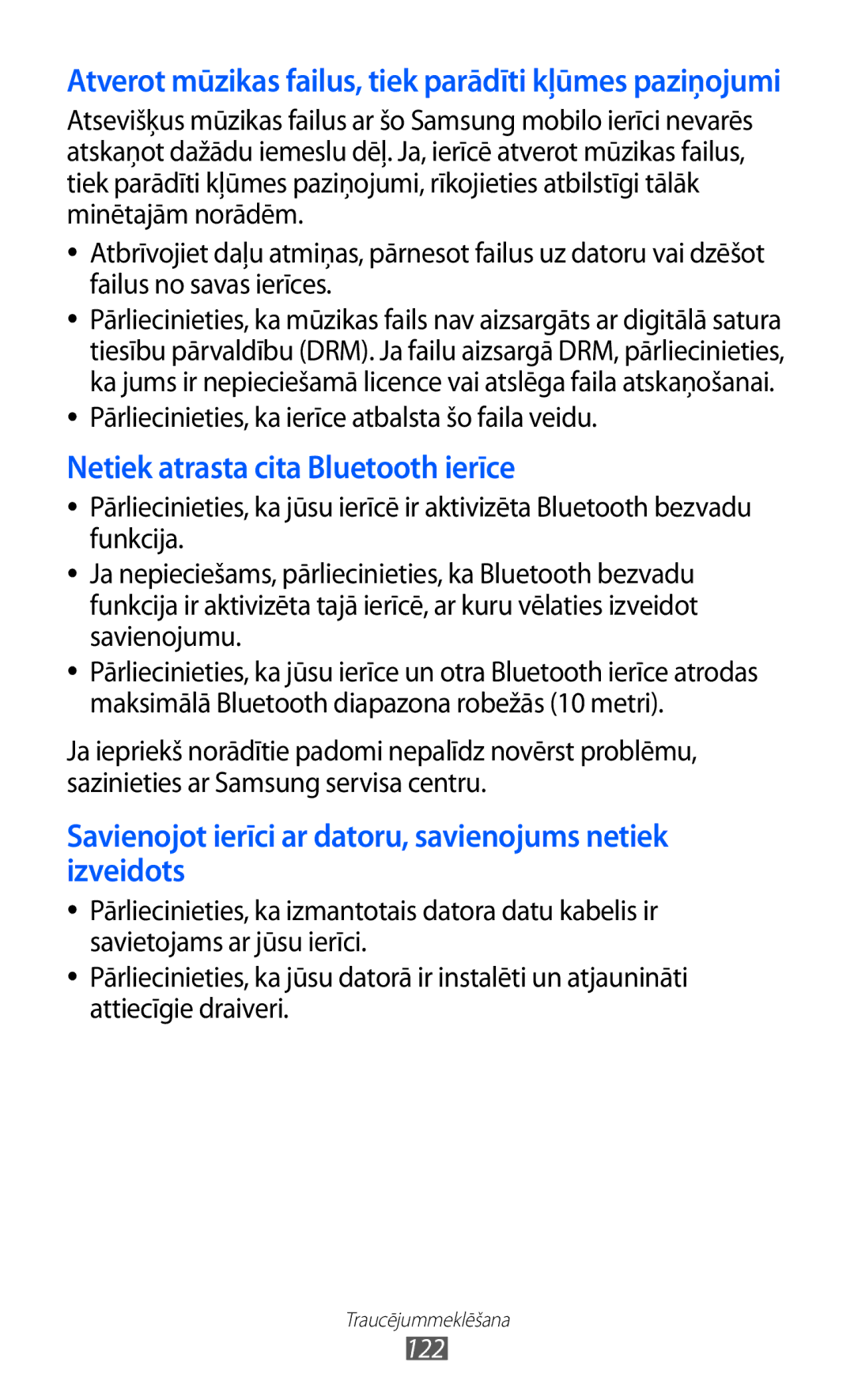 Samsung GT-S5380SSASEB, GT-S5380WRGSEB, GT-S5380WRASEB manual Atverot mūzikas failus, tiek parādīti kļūmes paziņojumi 