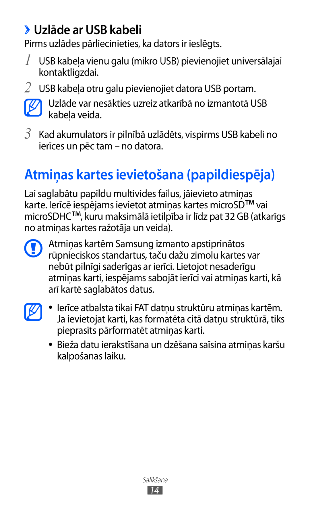 Samsung GT-S5380SSASEB, GT-S5380WRGSEB, GT-S5380WRASEB Atmiņas kartes ievietošana papildiespēja, ››Uzlāde ar USB kabeli 