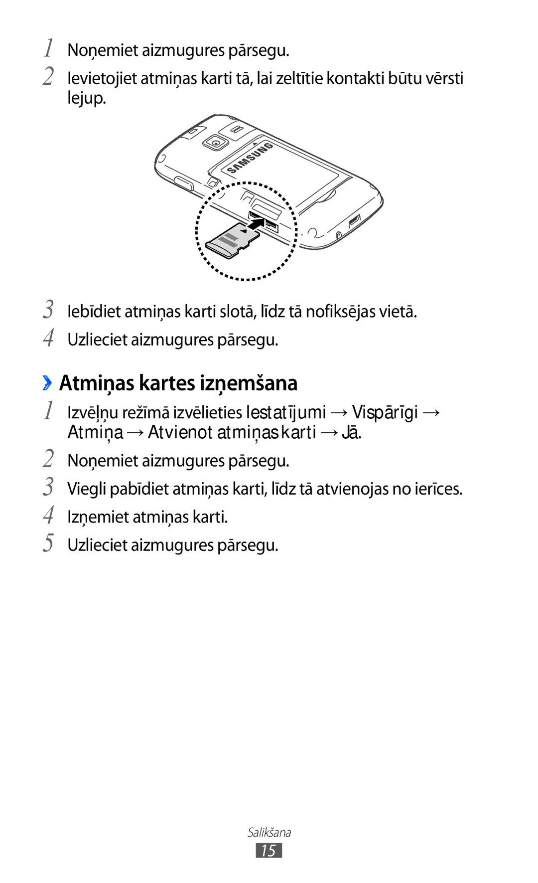 Samsung GT-S5380WRGSEB, GT-S5380WRASEB, GT-S5380SSASEB manual ››Atmiņas kartes izņemšana 