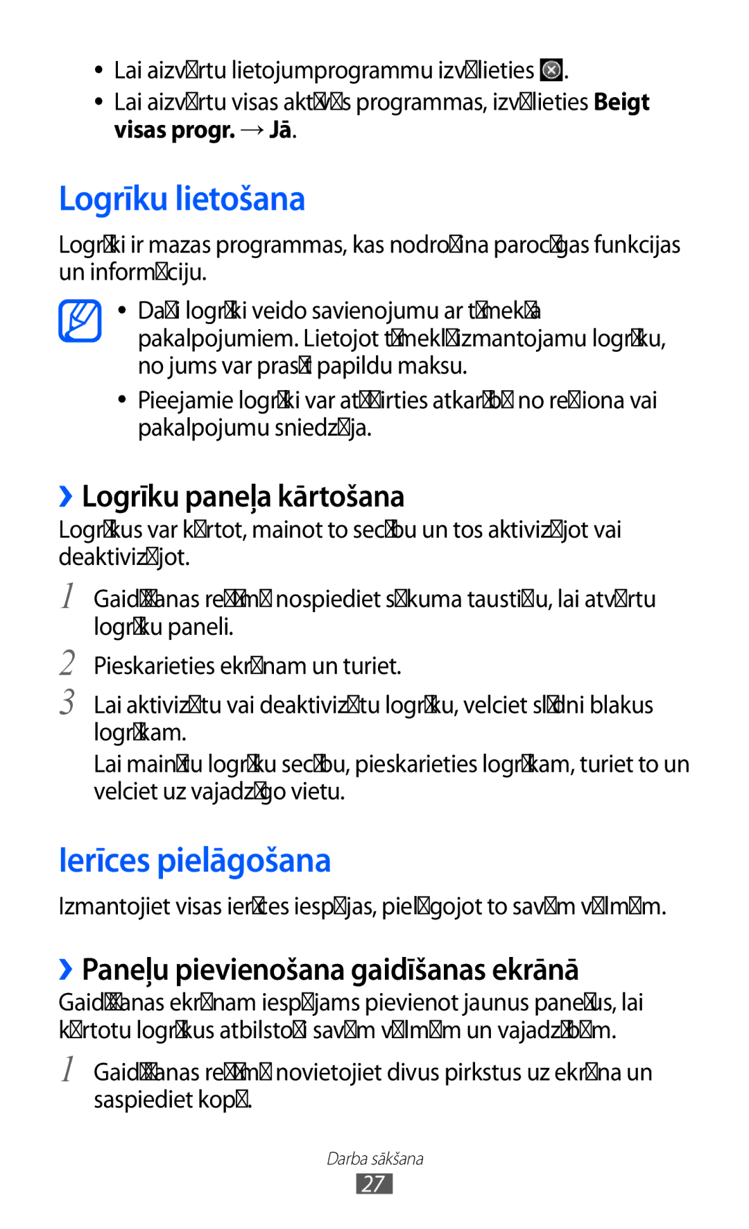 Samsung GT-S5380WRGSEB manual Logrīku lietošana, Ierīces pielāgošana, ››Logrīku paneļa kārtošana, Visas progr. → Jā 