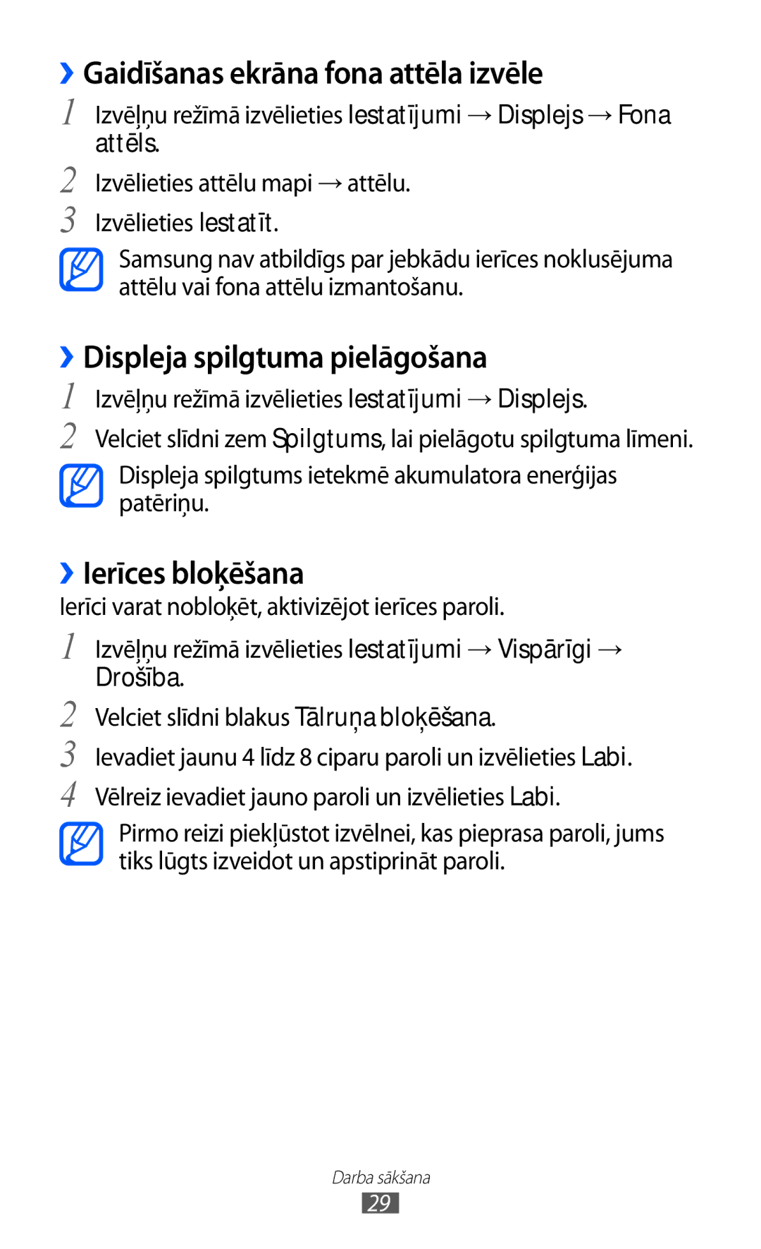 Samsung GT-S5380SSASEB manual ››Gaidīšanas ekrāna fona attēla izvēle, ››Displeja spilgtuma pielāgošana, ››Ierīces bloķēšana 