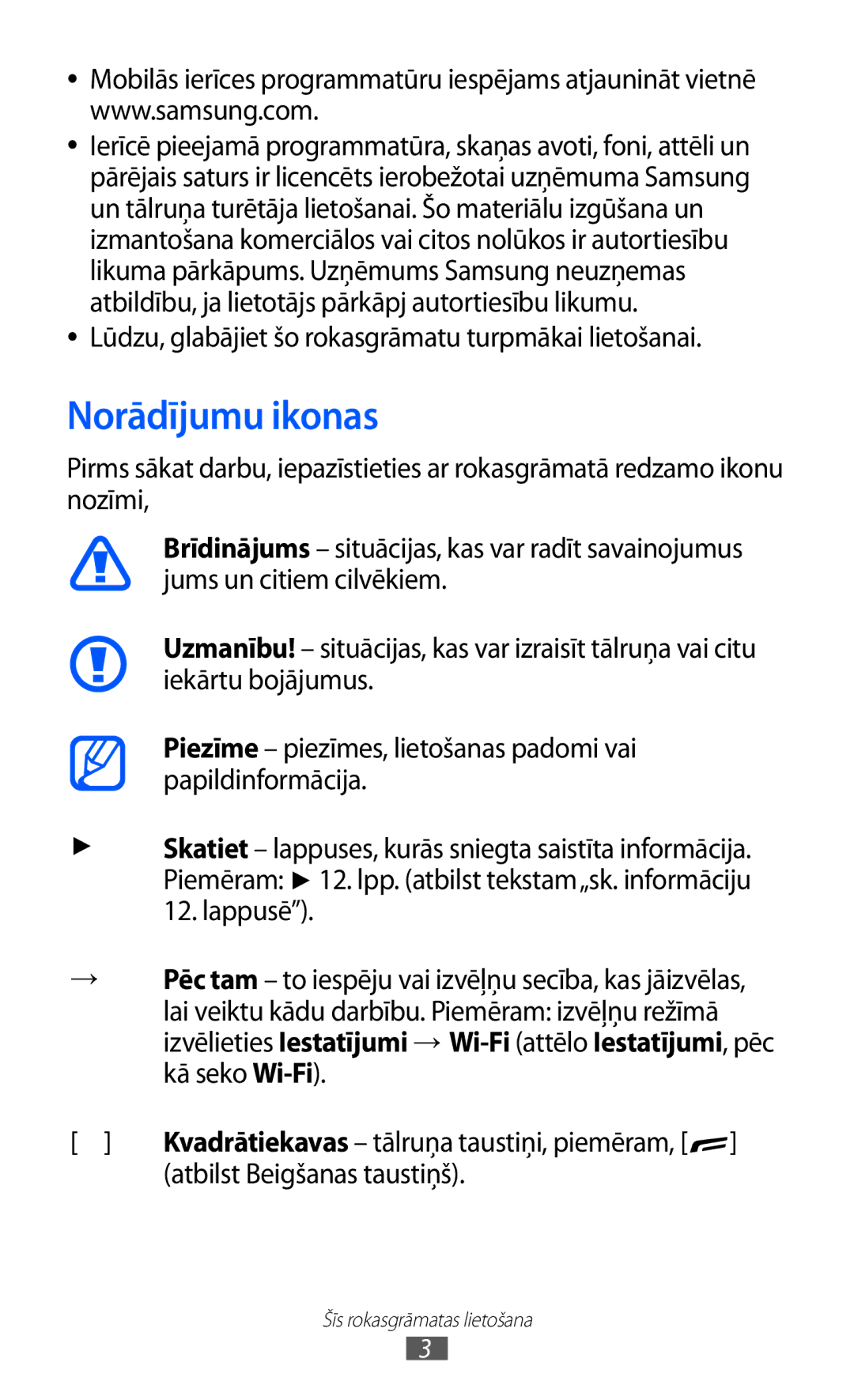 Samsung GT-S5380WRGSEB, GT-S5380WRASEB manual Norādījumu ikonas, Lūdzu, glabājiet šo rokasgrāmatu turpmākai lietošanai 