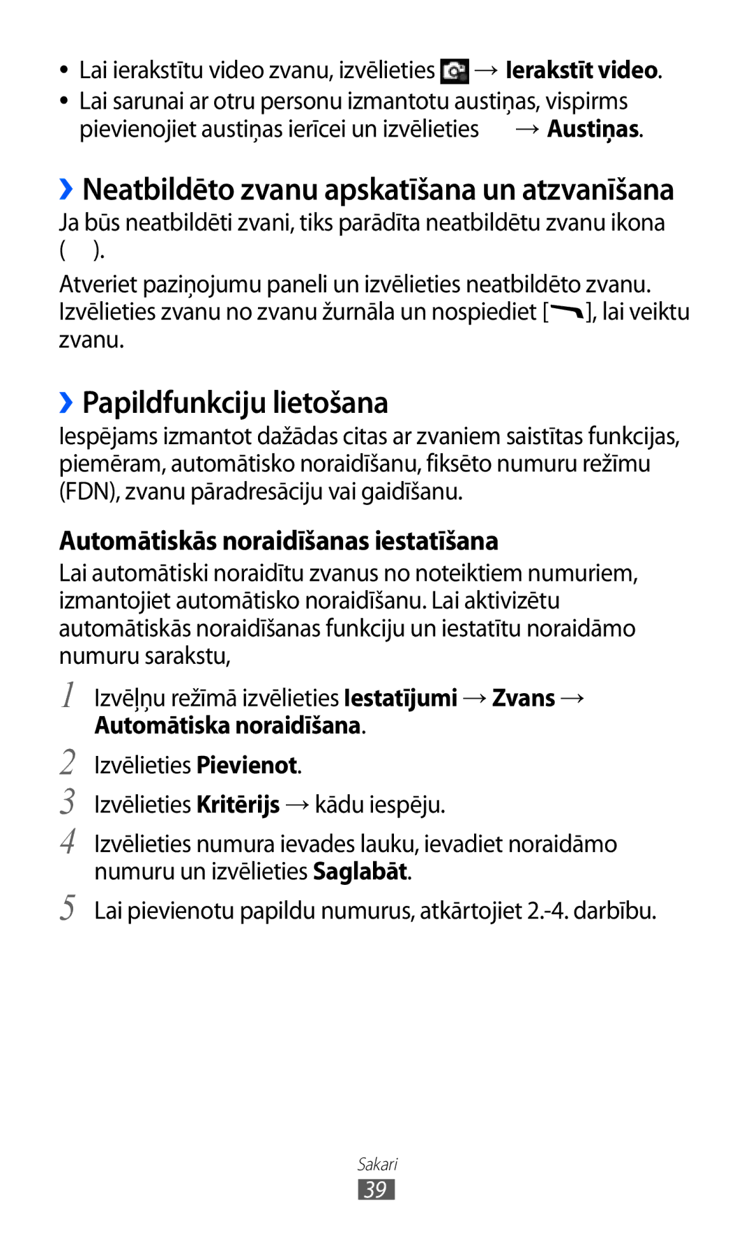 Samsung GT-S5380WRGSEB manual ››Papildfunkciju lietošana, Automātiskās noraidīšanas iestatīšana, Automātiska noraidīšana 