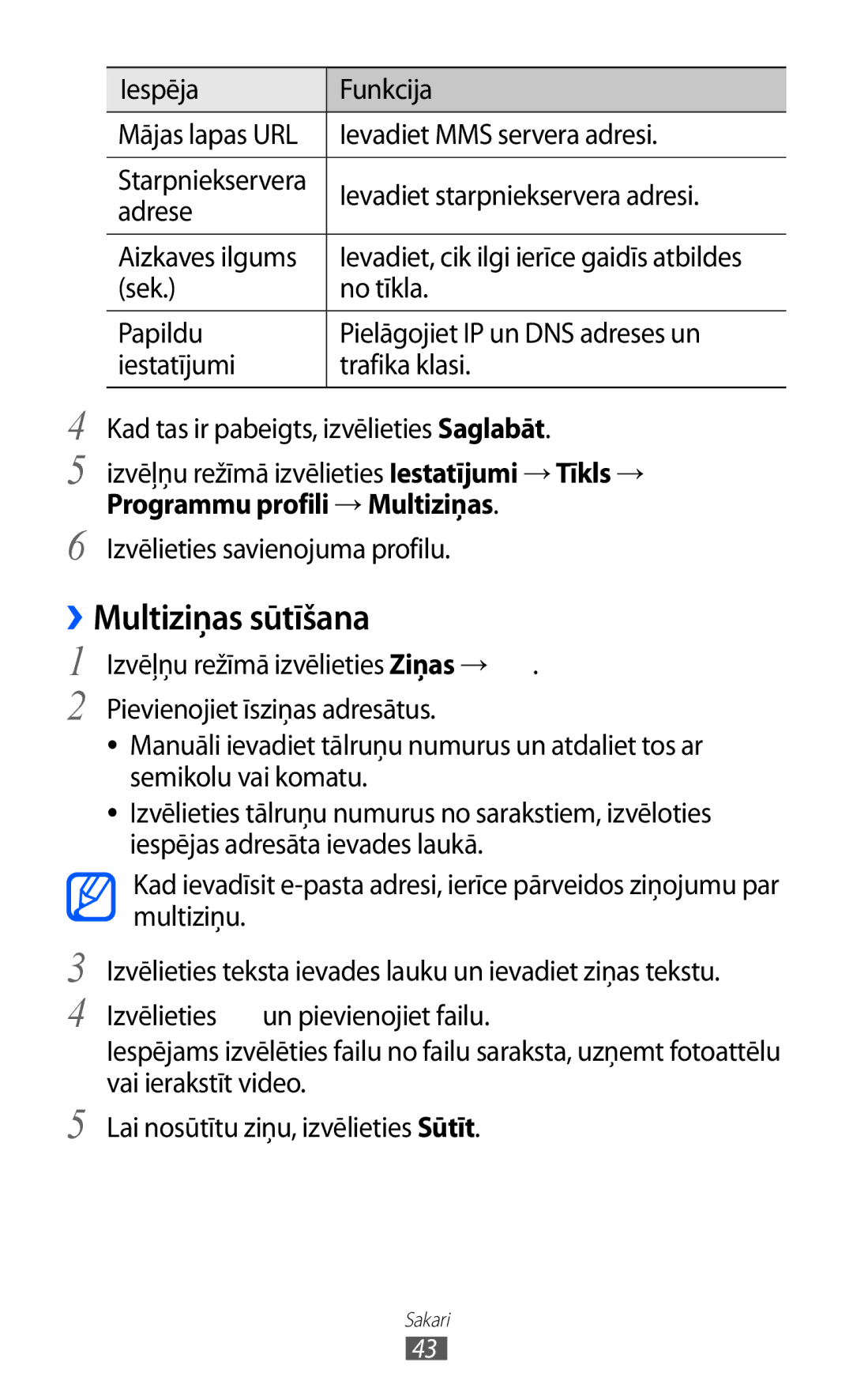 Samsung GT-S5380WRASEB, GT-S5380WRGSEB, GT-S5380SSASEB manual ››Multiziņas sūtīšana, Programmu profili → Multiziņas 