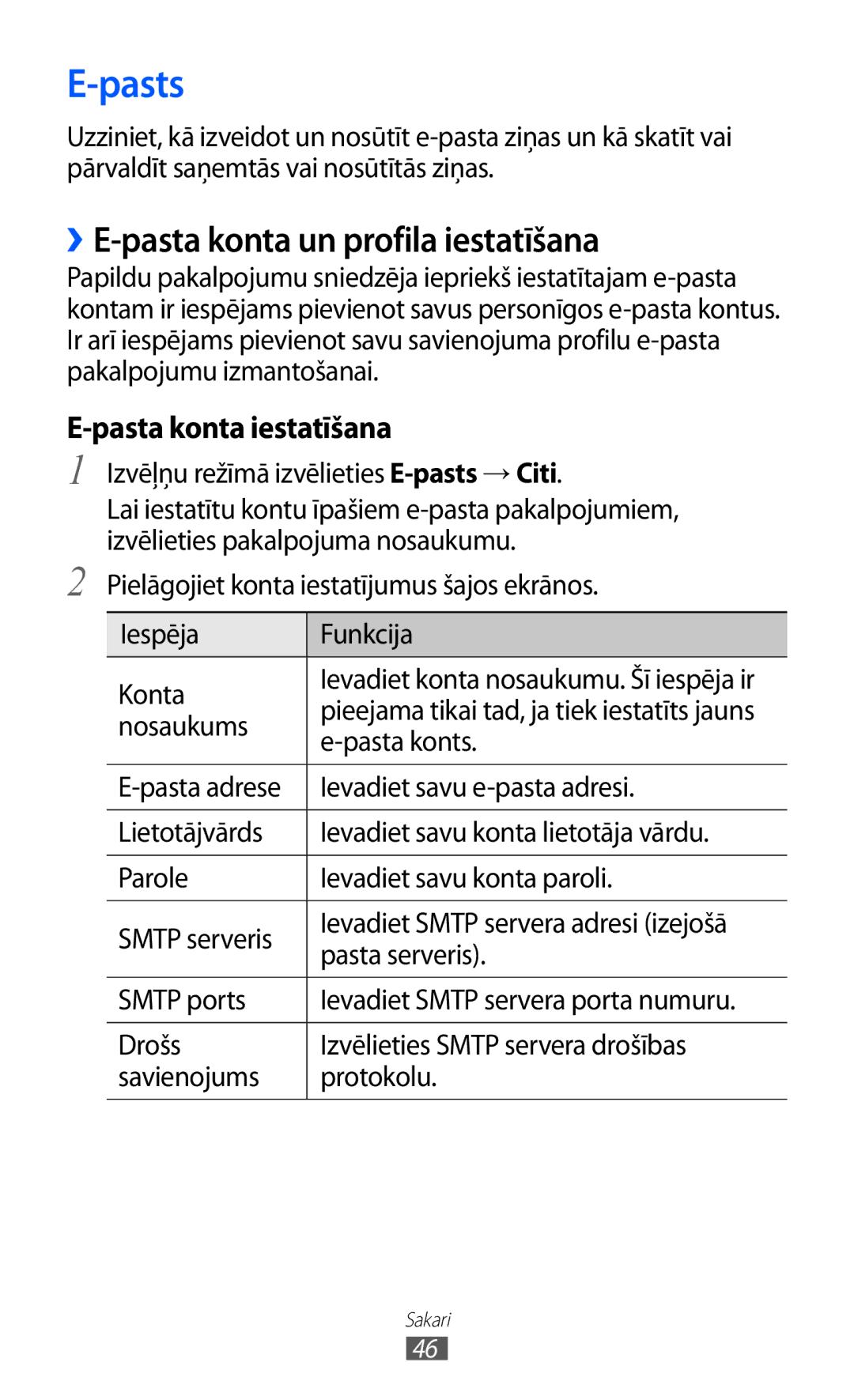 Samsung GT-S5380WRASEB, GT-S5380WRGSEB manual Pasts, ››E-pasta konta un profila iestatīšana, Pasta konta iestatīšana 