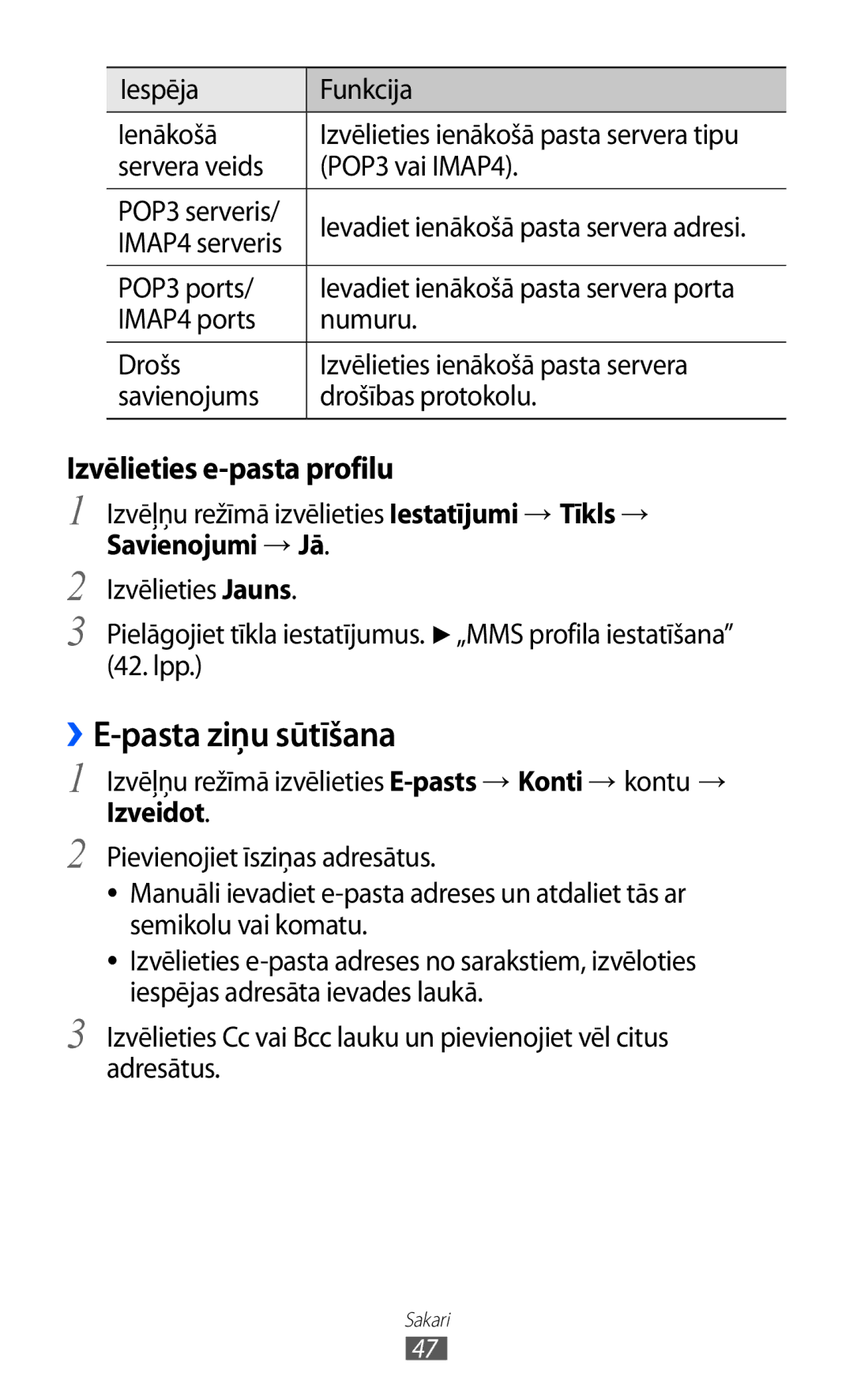 Samsung GT-S5380SSASEB, GT-S5380WRGSEB, GT-S5380WRASEB manual ››E-pasta ziņu sūtīšana, Izvēlieties e-pasta profilu, Izveidot 