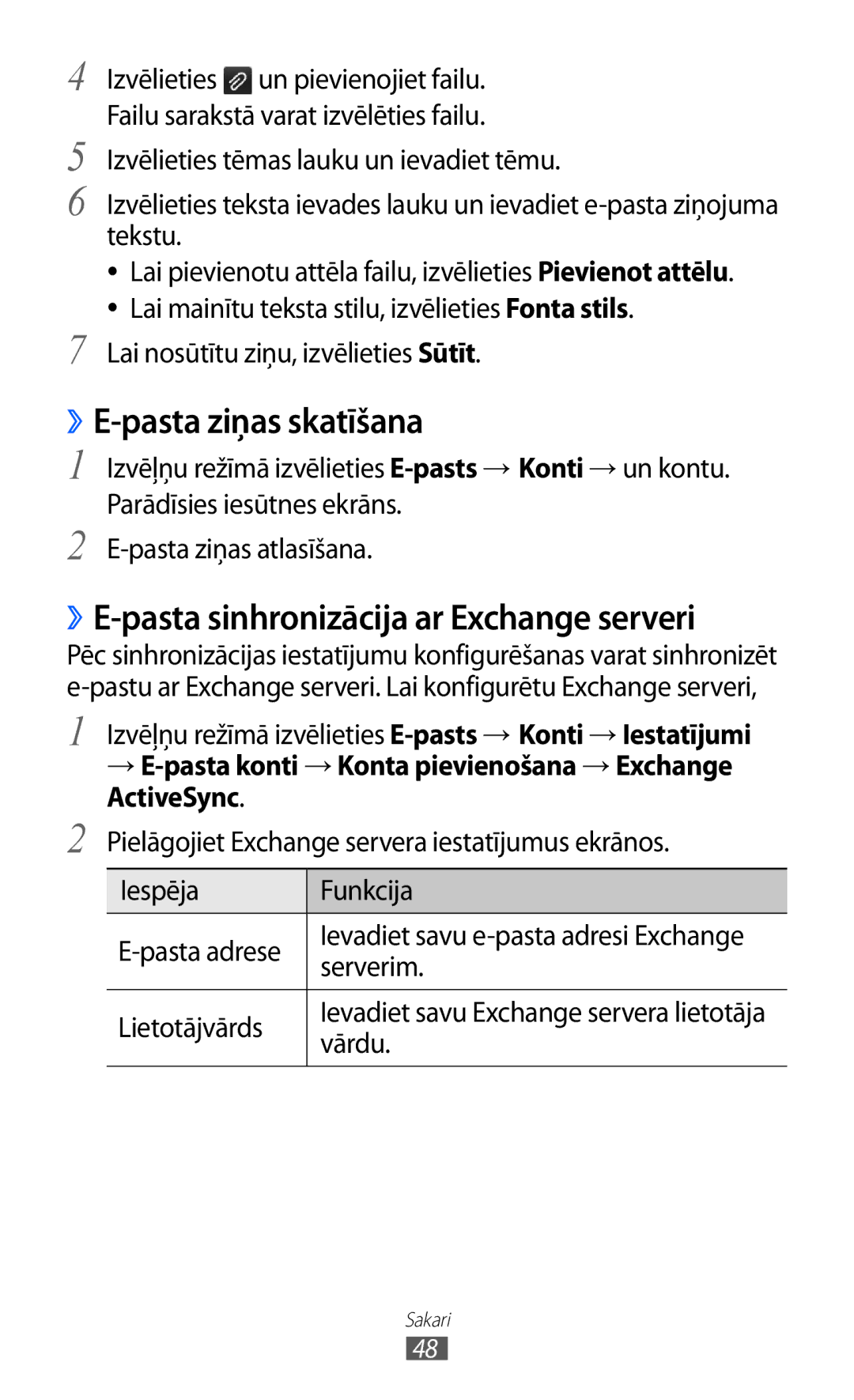 Samsung GT-S5380WRGSEB manual ››E-pasta ziņas skatīšana, → E-pasta konti → Konta pievienošana → Exchange ActiveSync 